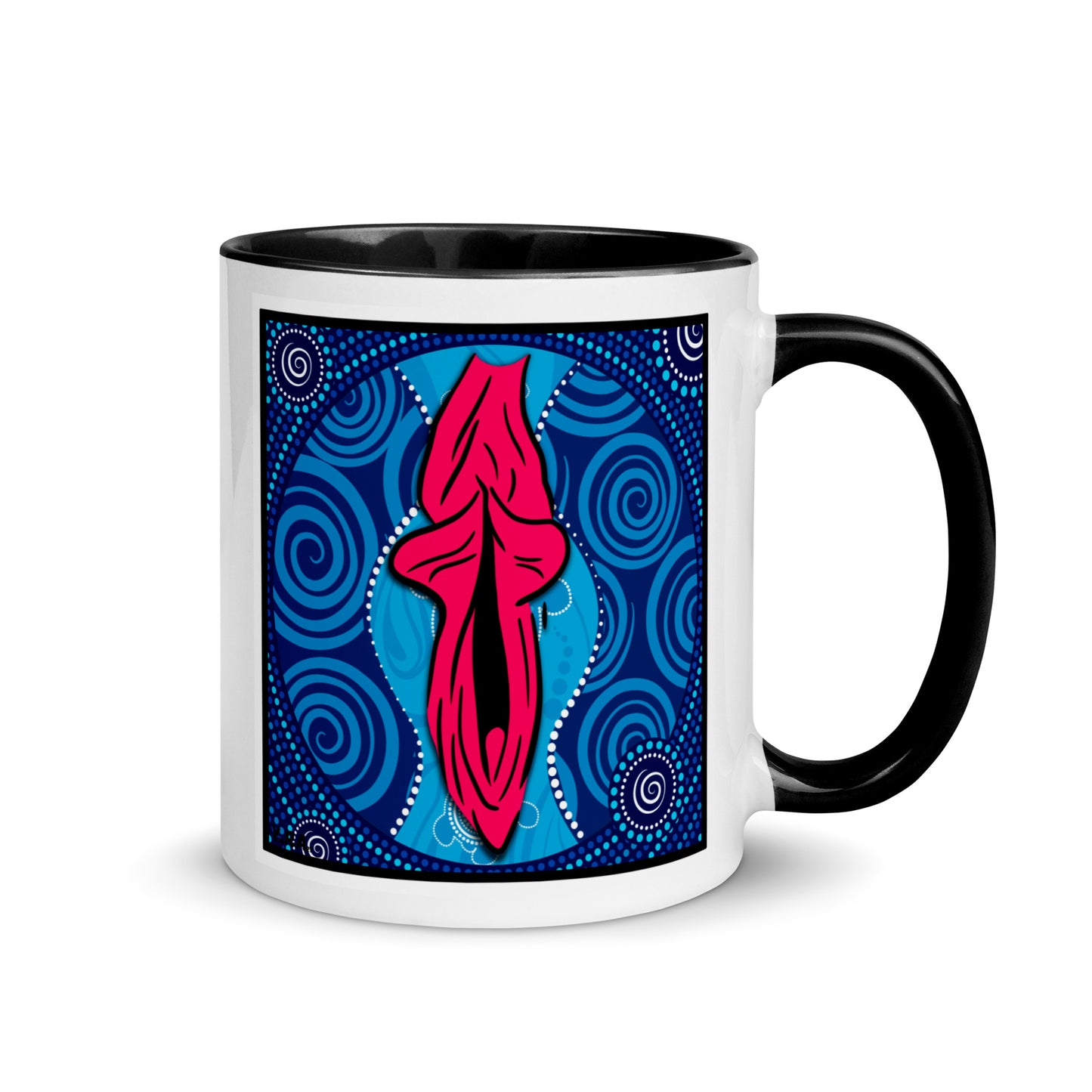 Tasse YoniPopArt "swirling yoni on blue" mit farbiger Innenseite