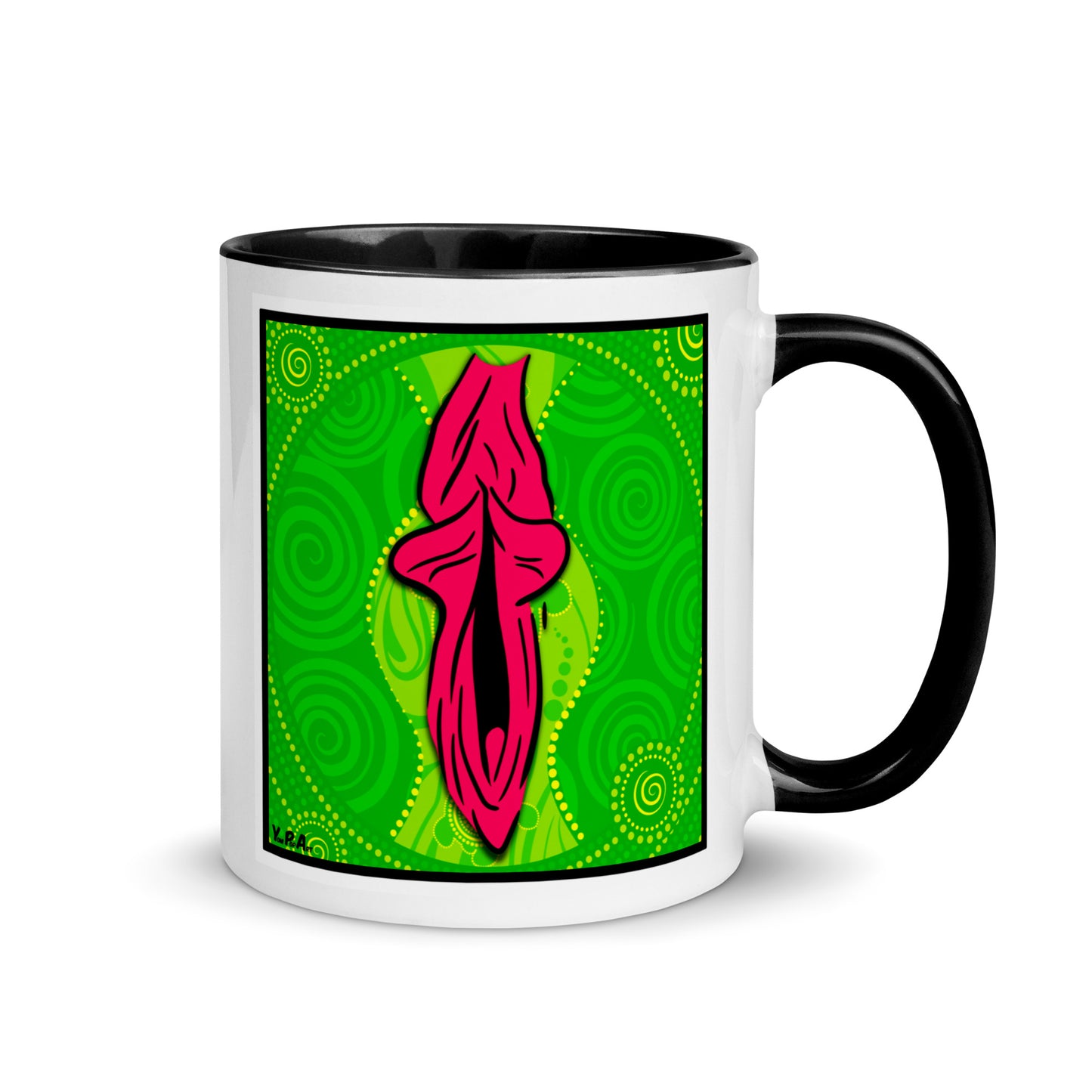 Tasse YoniPopArt "swirling yoni on green" mit farbiger Innenseite