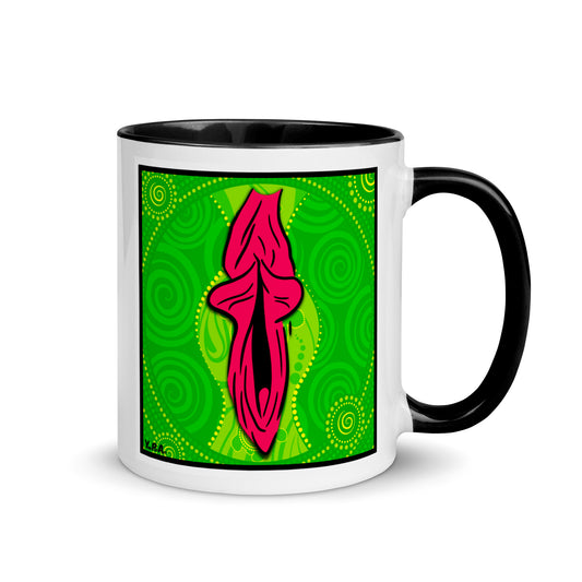 Tasse YoniPopArt "swirling yoni on green" mit farbiger Innenseite