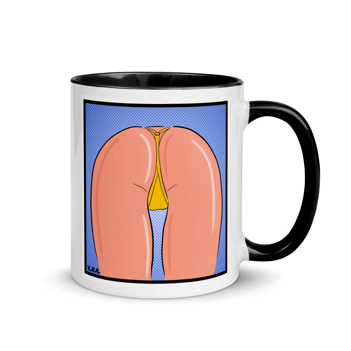 Tasse YoniPopArt "strip off yellow" mit farbiger Innenseite