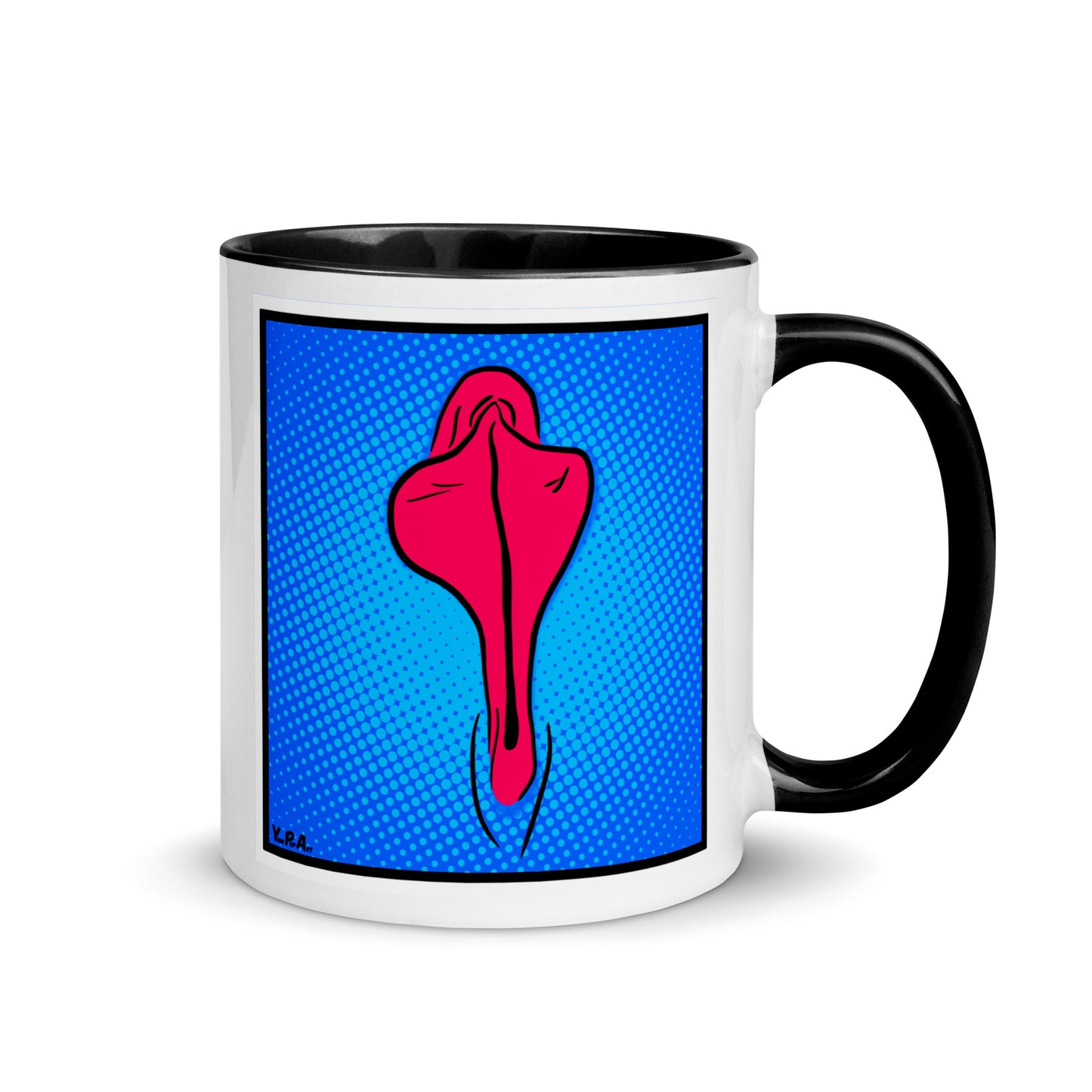 Tasse YoniPopArt "Pink flaps on blue points" mit farbiger Innenseite