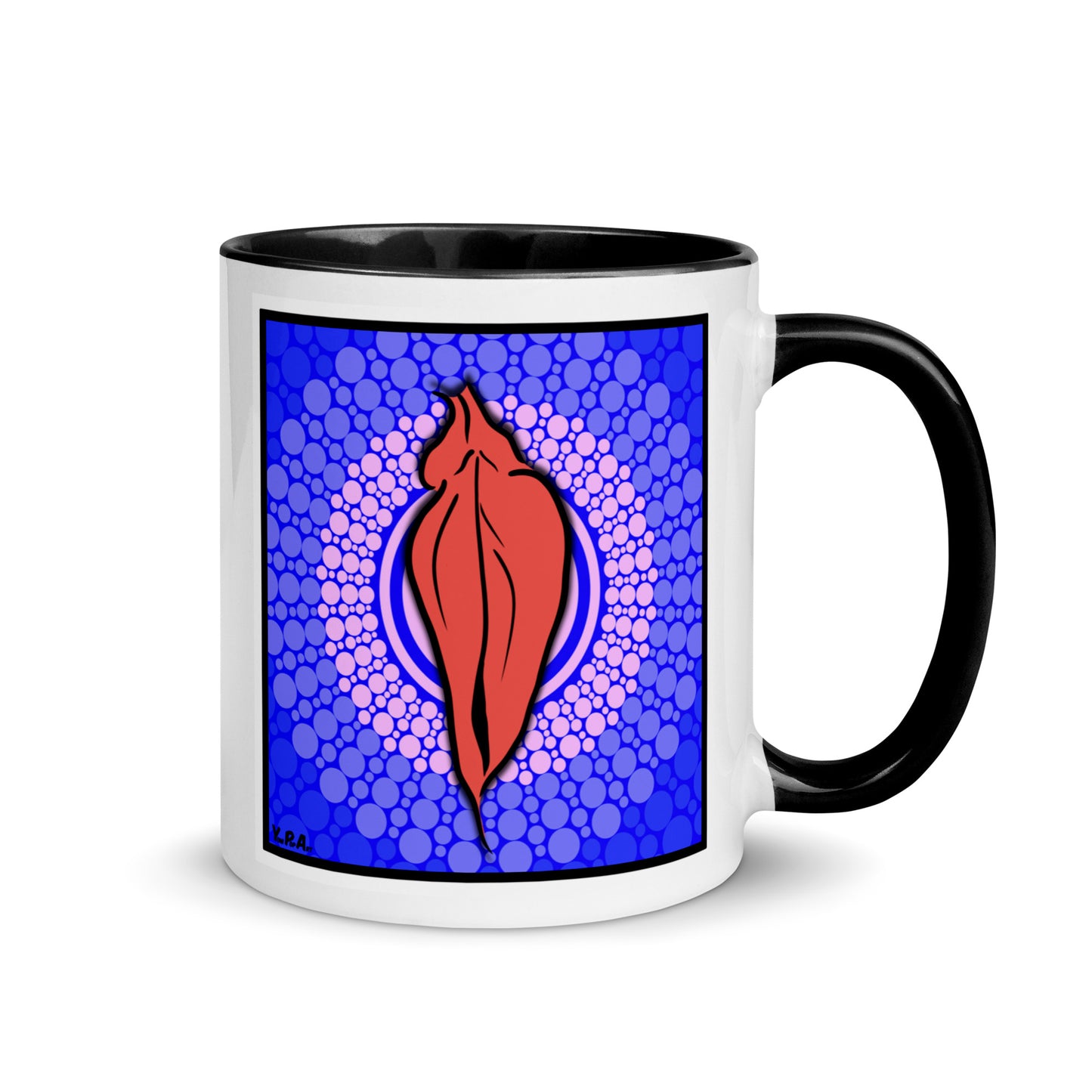 Tasse YoniPopArt "pink flaps on blue points" mit farbiger Innenseite