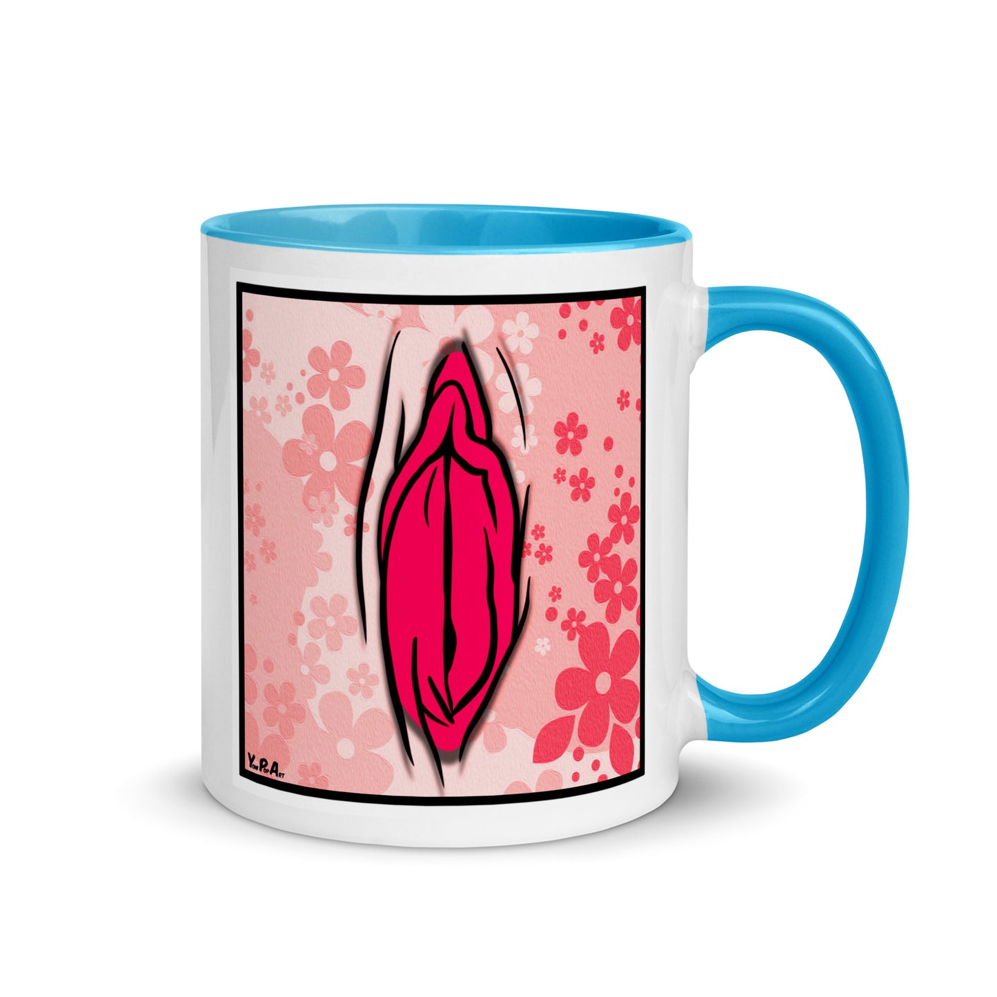 Tasse YoniPopArt "#4 on light red flowers" mit farbiger Innenseite
