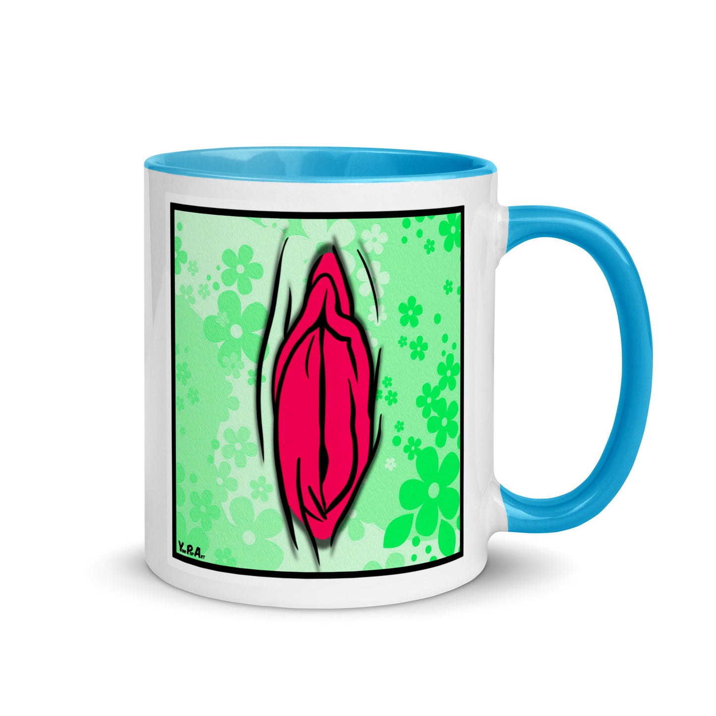 Tasse YoniPopArt "#4 on light green flowers" mit farbiger Innenseite