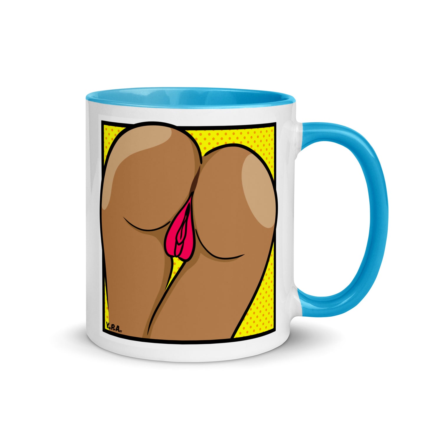 Tasse YoniPopArt "two lips backside on yellow" mit farbiger Innenseite