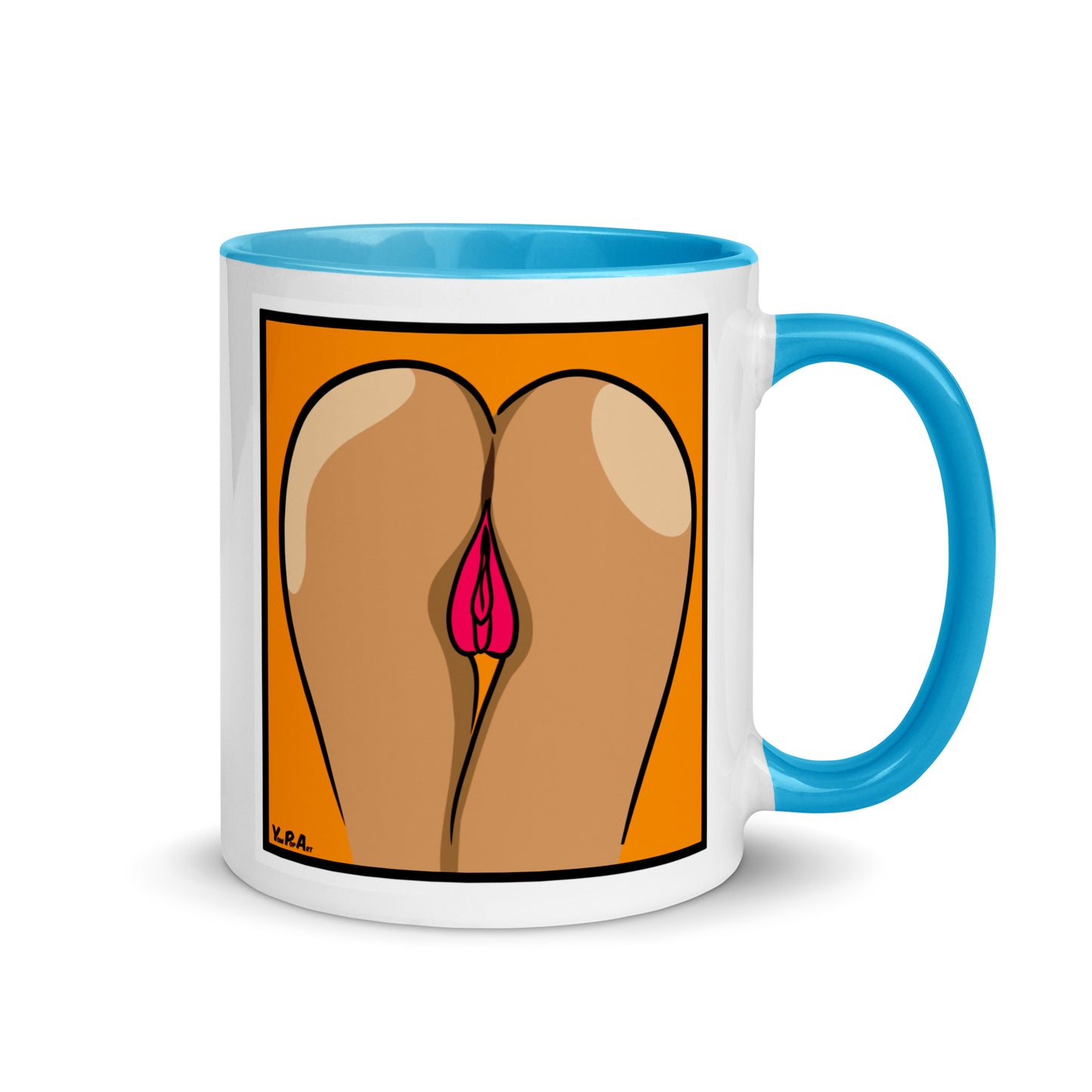 Tasse YoniPopArt "two lips backside on orange" mit farbiger Innenseite