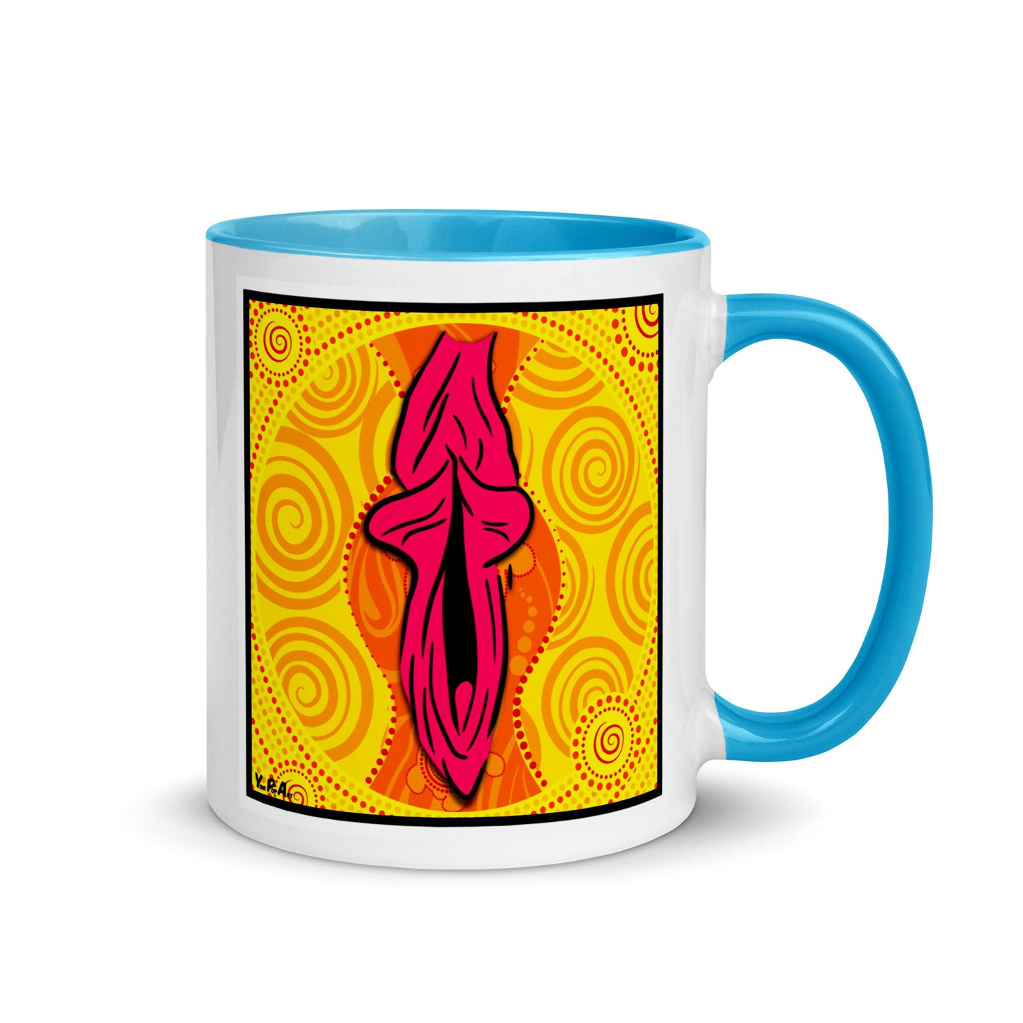 Tasse YoniPopArt "swirling yoni on yellow" mit farbiger Innenseite