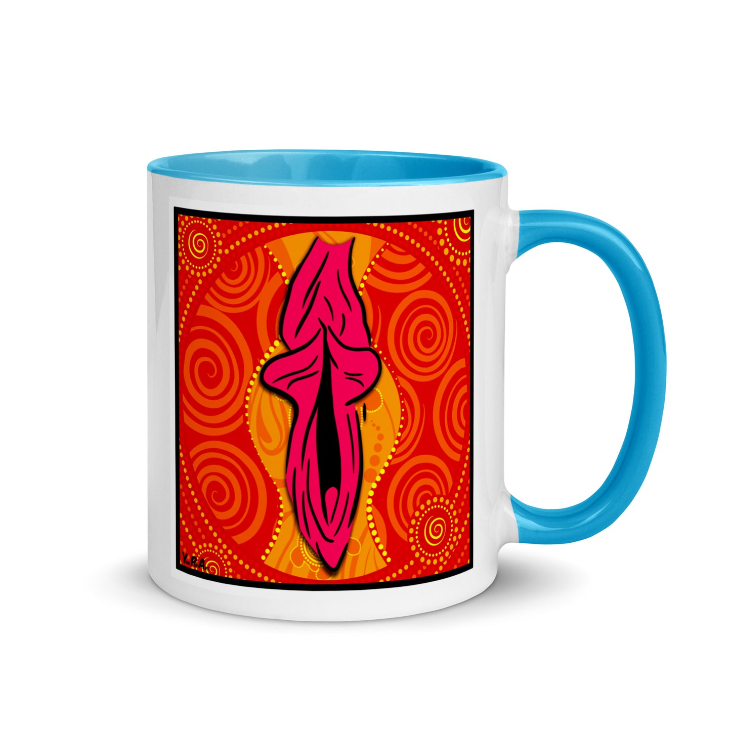 Tasse YoniPopArt "swirling yoni on red" mit farbiger Innenseite
