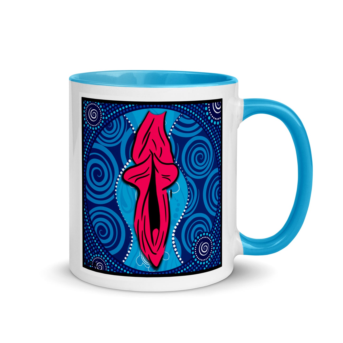 Tasse YoniPopArt "swirling yoni on blue" mit farbiger Innenseite