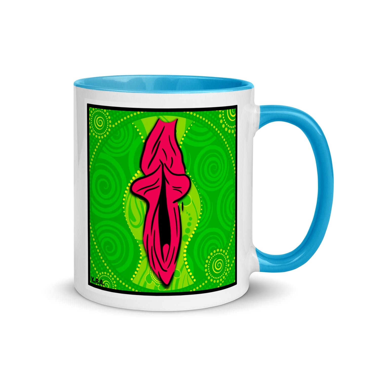 Tasse YoniPopArt "swirling yoni on green" mit farbiger Innenseite