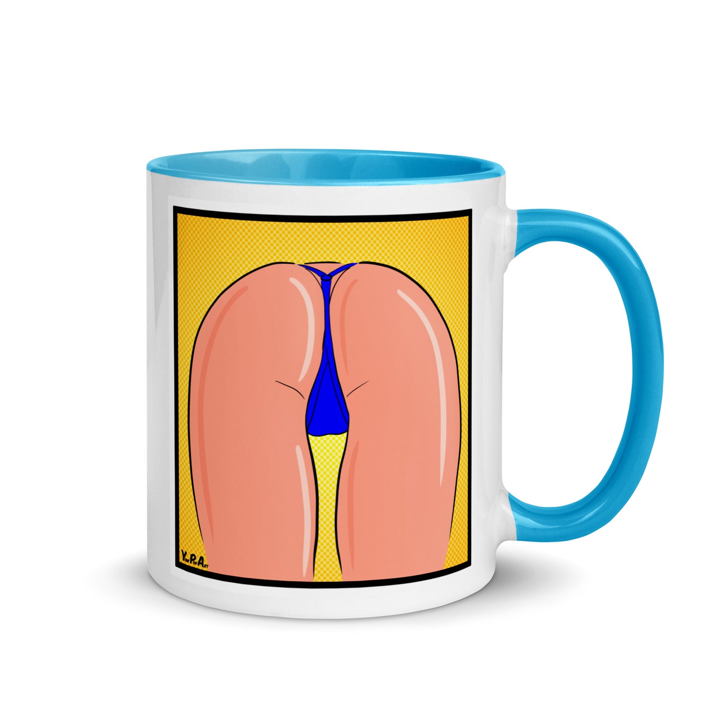 Tasse YoniPopArt "strip off blue" mit farbiger Innenseite