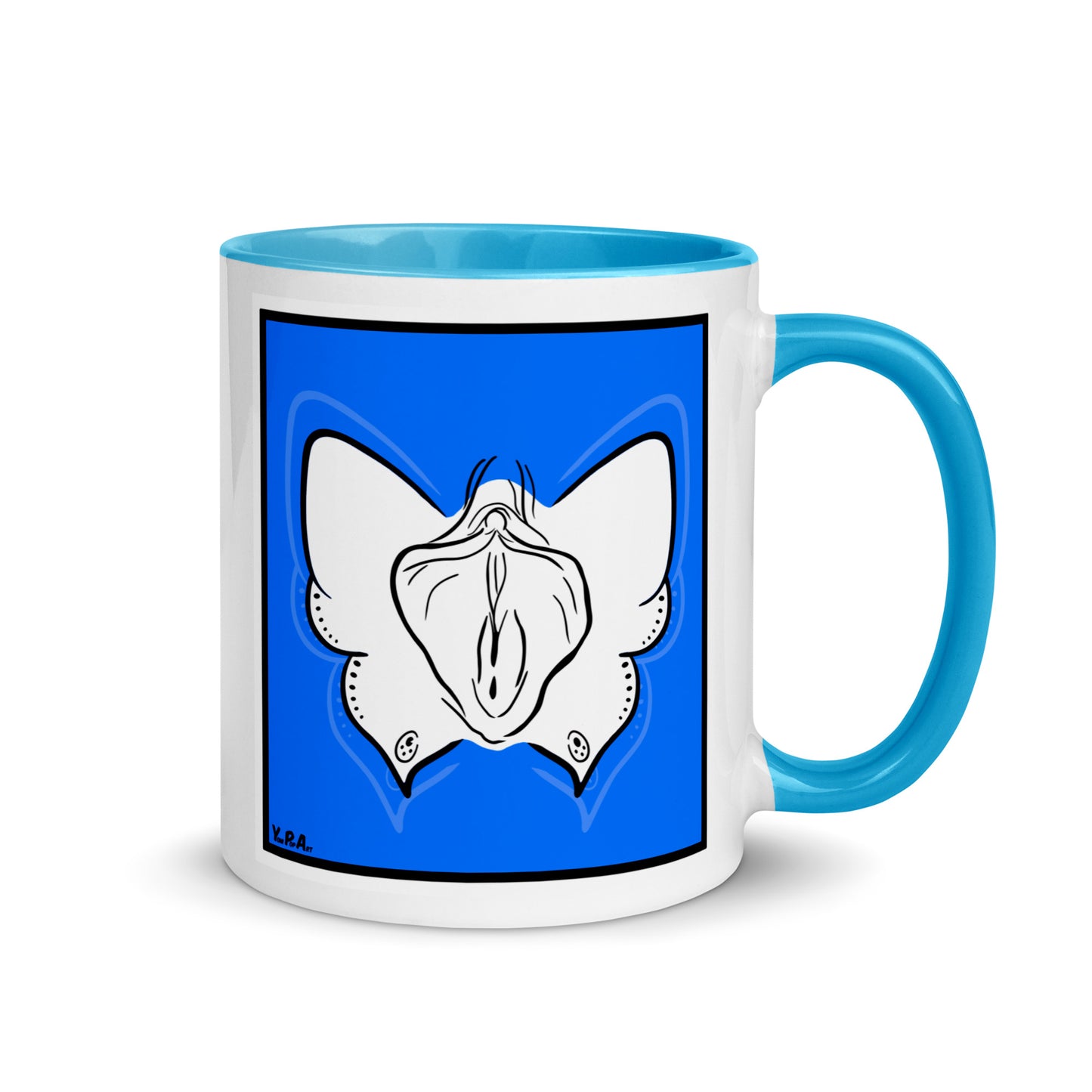 Tasse YoniPopArt "Butterfly on blue" mit farbiger Innenseite