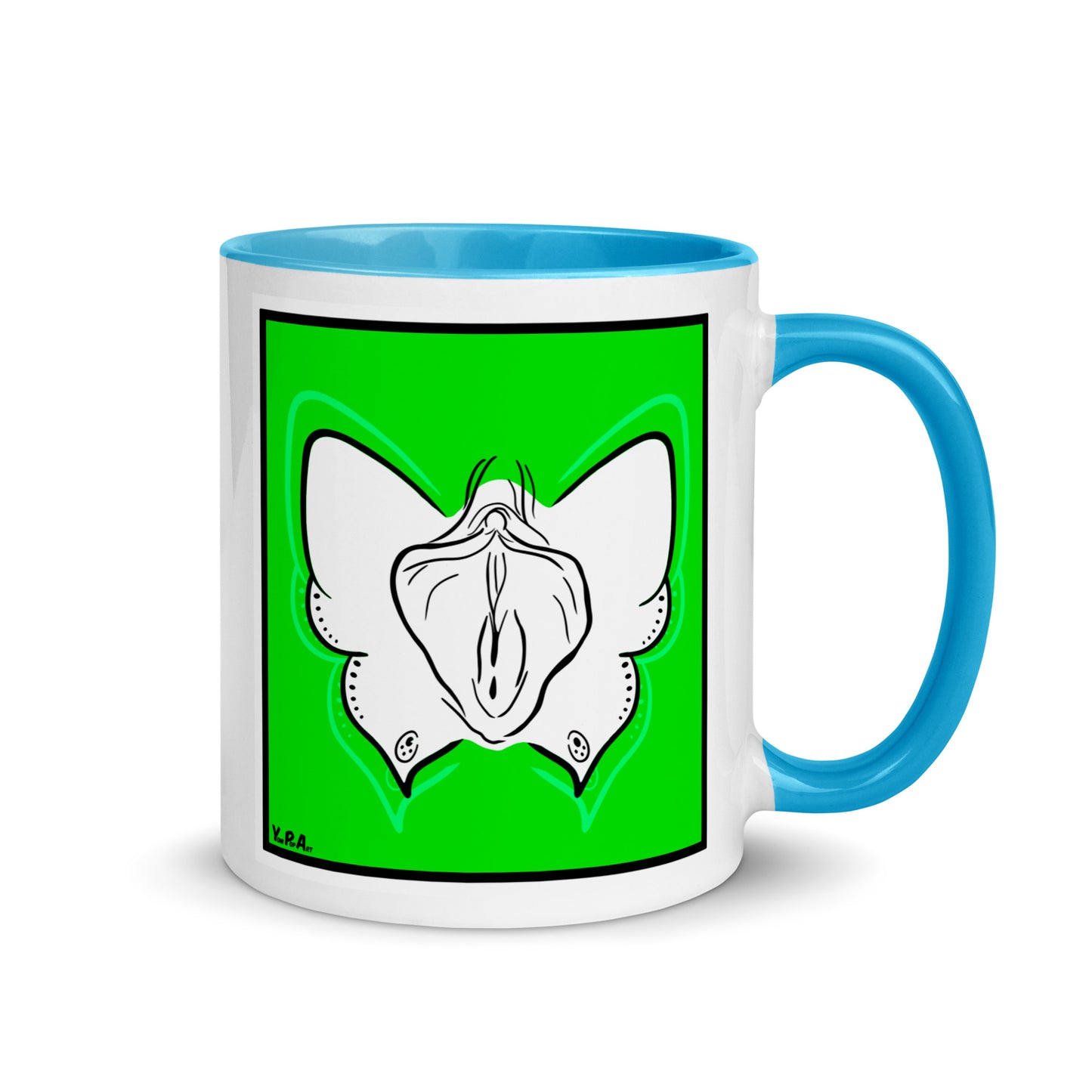 Tasse YoniPopArt "Butterfly on green" mit farbiger Innenseite