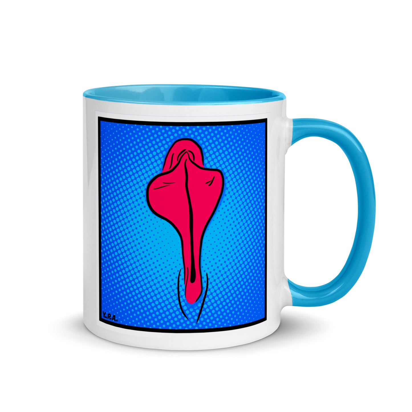 Tasse YoniPopArt "Pink flaps on blue points" mit farbiger Innenseite