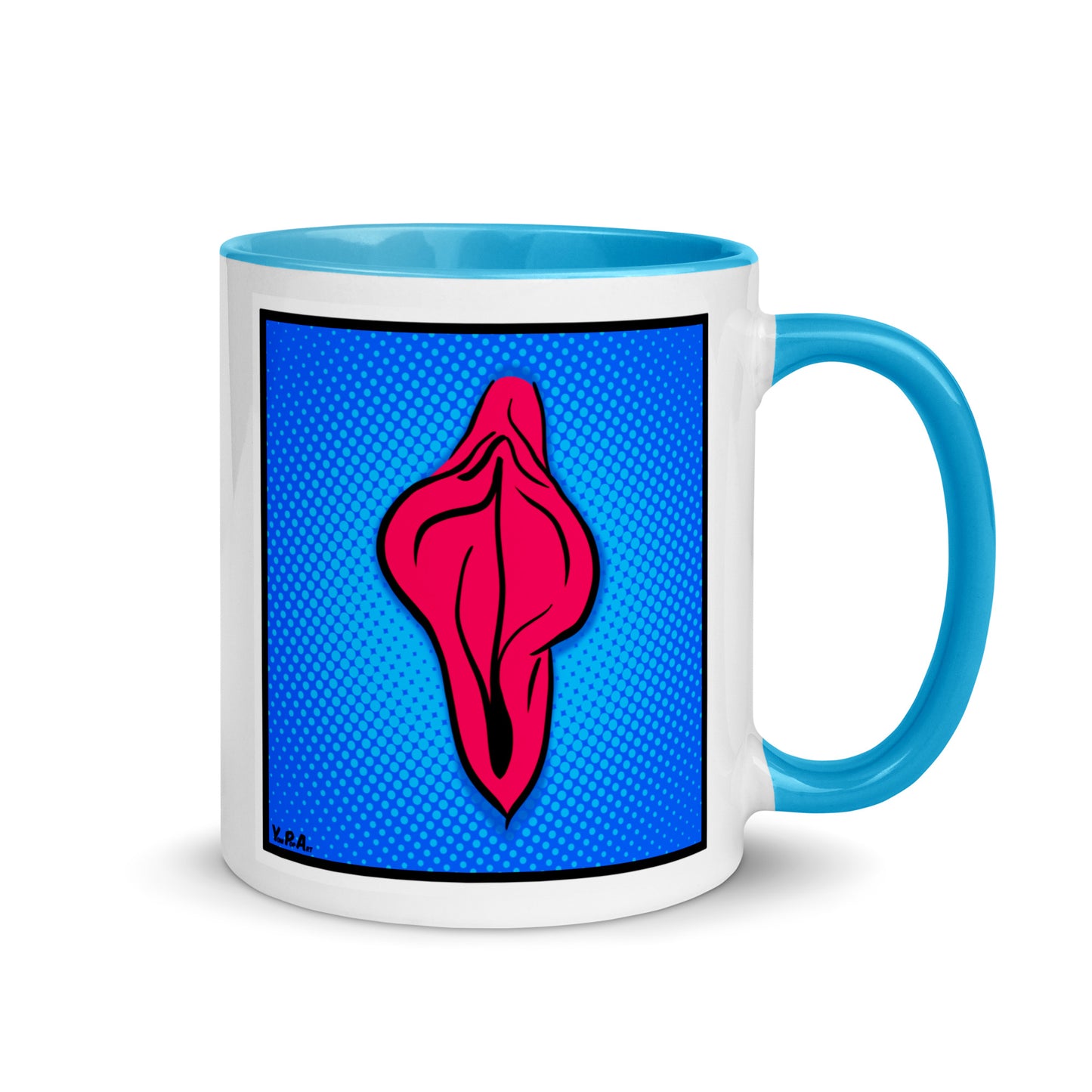 Tasse YoniPopArt "pink flaps on blue points 2" mit farbiger Innenseite