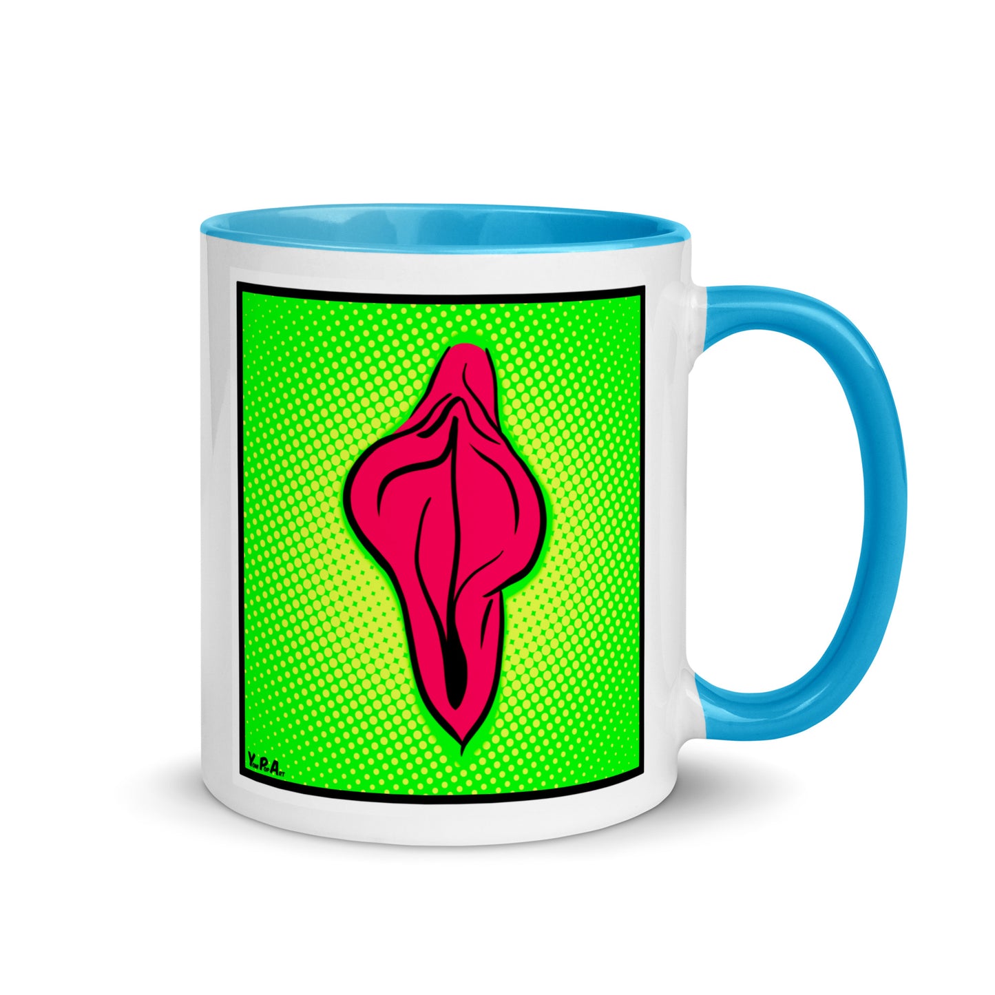 Tasse YoniPopArt "pink flaps on green points 2" mit farbiger Innenseite