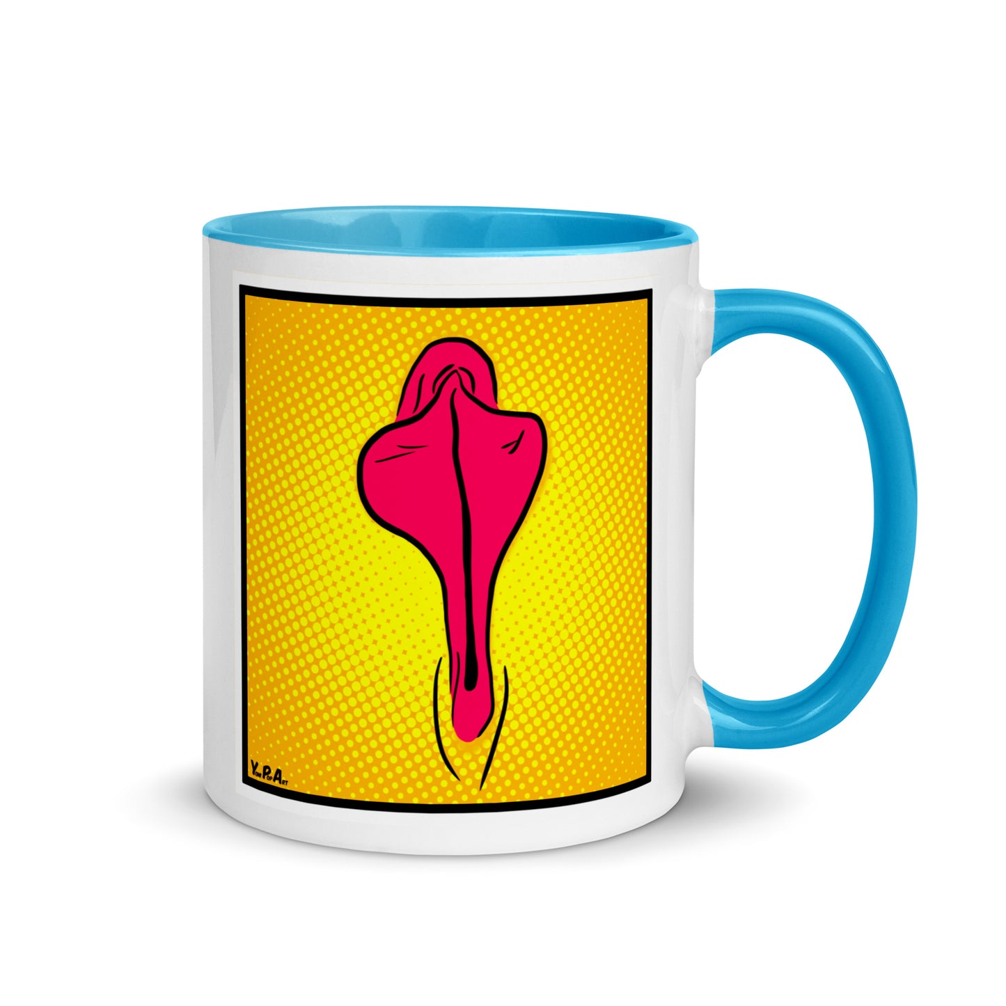 Tasse YoniPopArt "pink flaps on yellow points" mit farbiger Innenseite