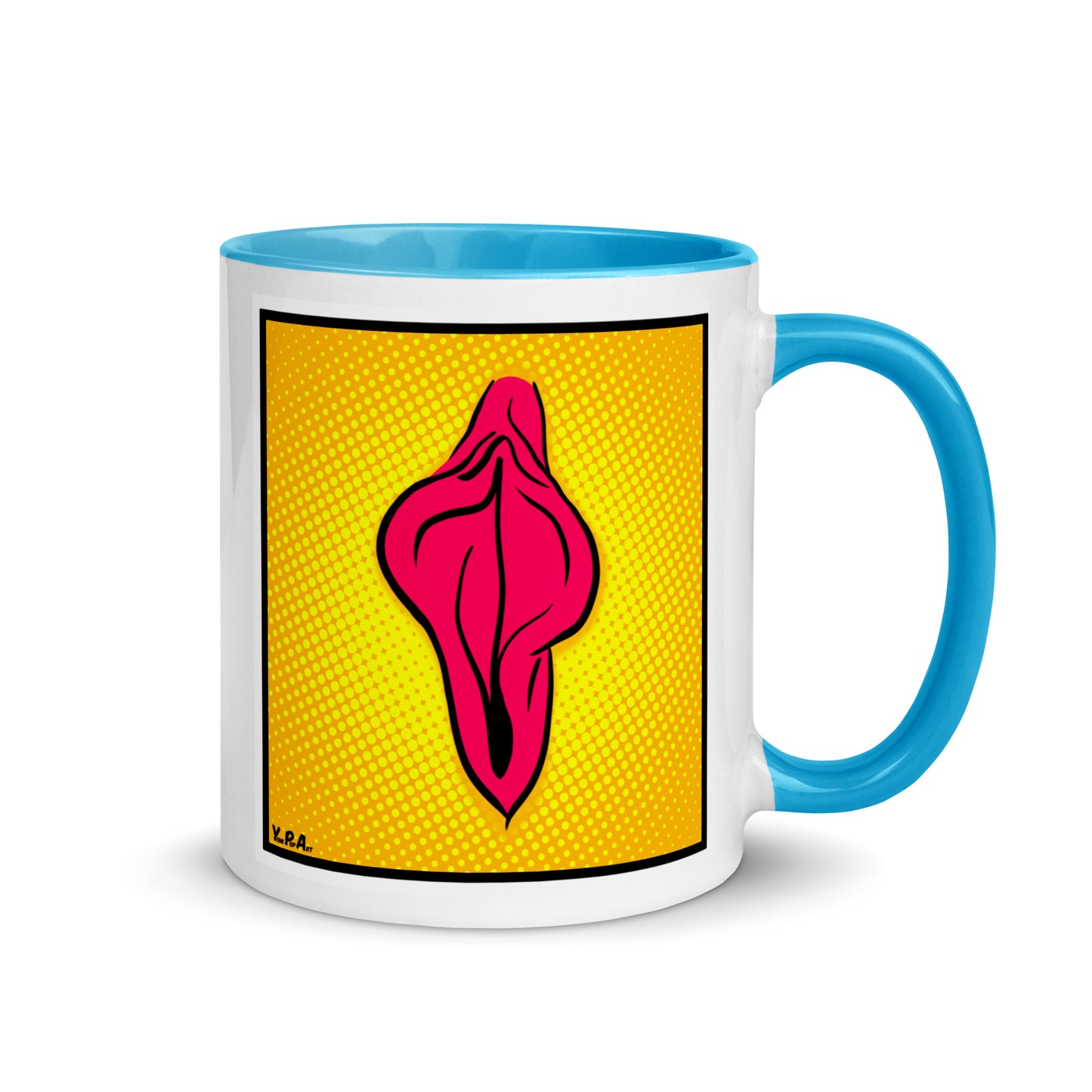 Tasse YoniPopArt "pink flaps on yellow 2" mit farbiger Innenseite