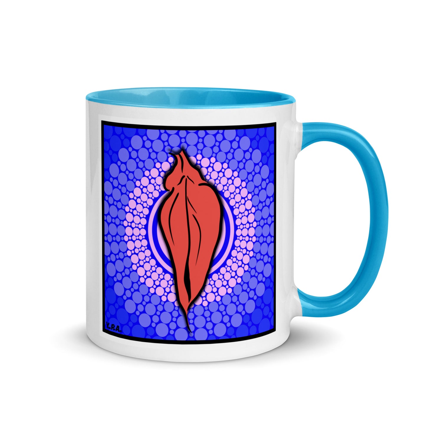 Tasse YoniPopArt "pink flaps on blue points" mit farbiger Innenseite
