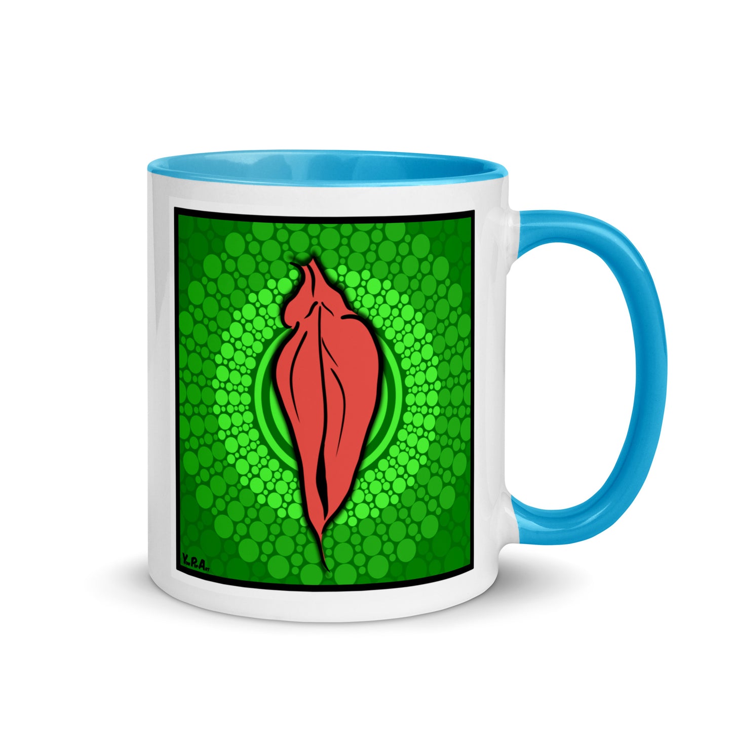 Tasse YoniPopArt "pink flaps on green points" mit farbiger Innenseite