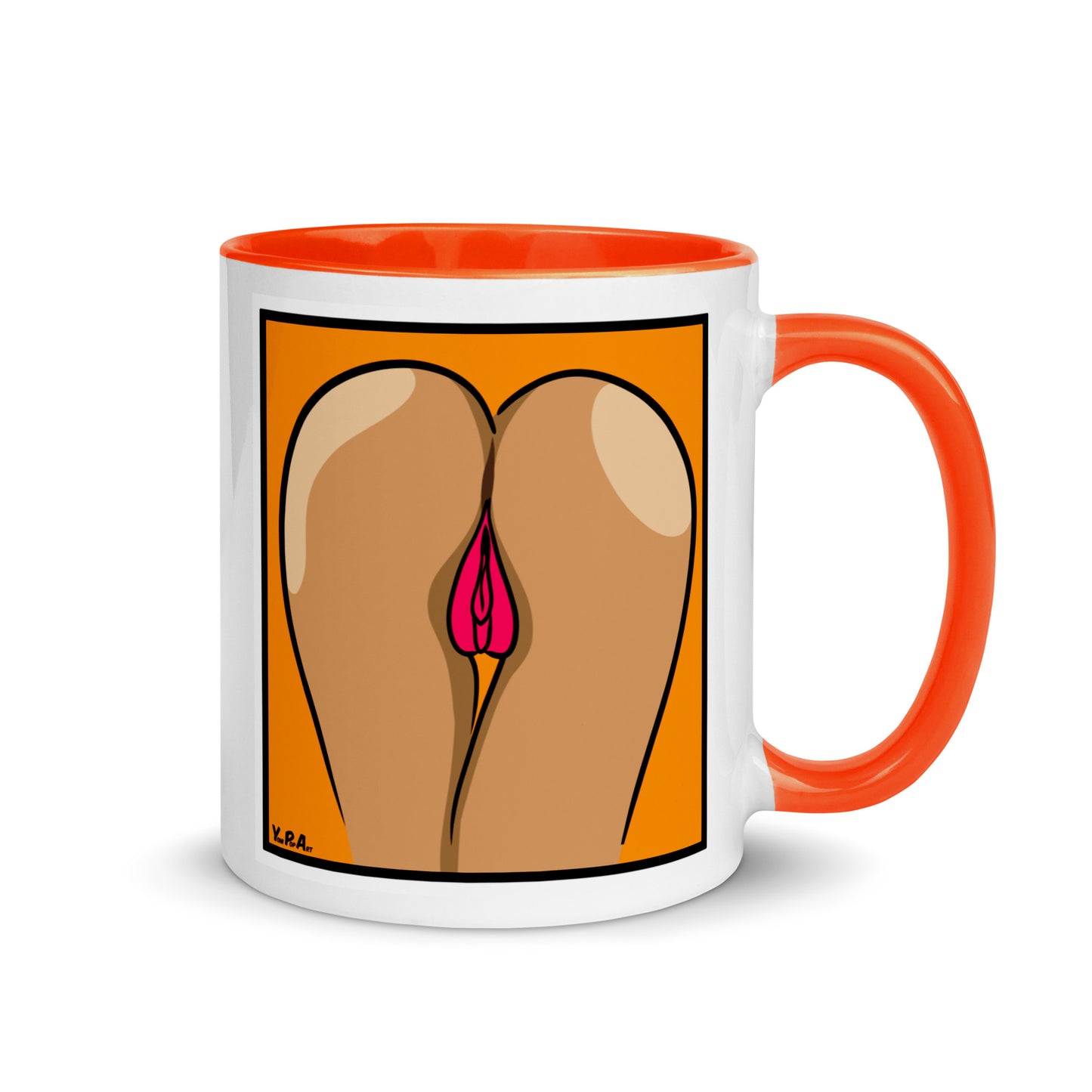 Tasse YoniPopArt "two lips backside on orange" mit farbiger Innenseite