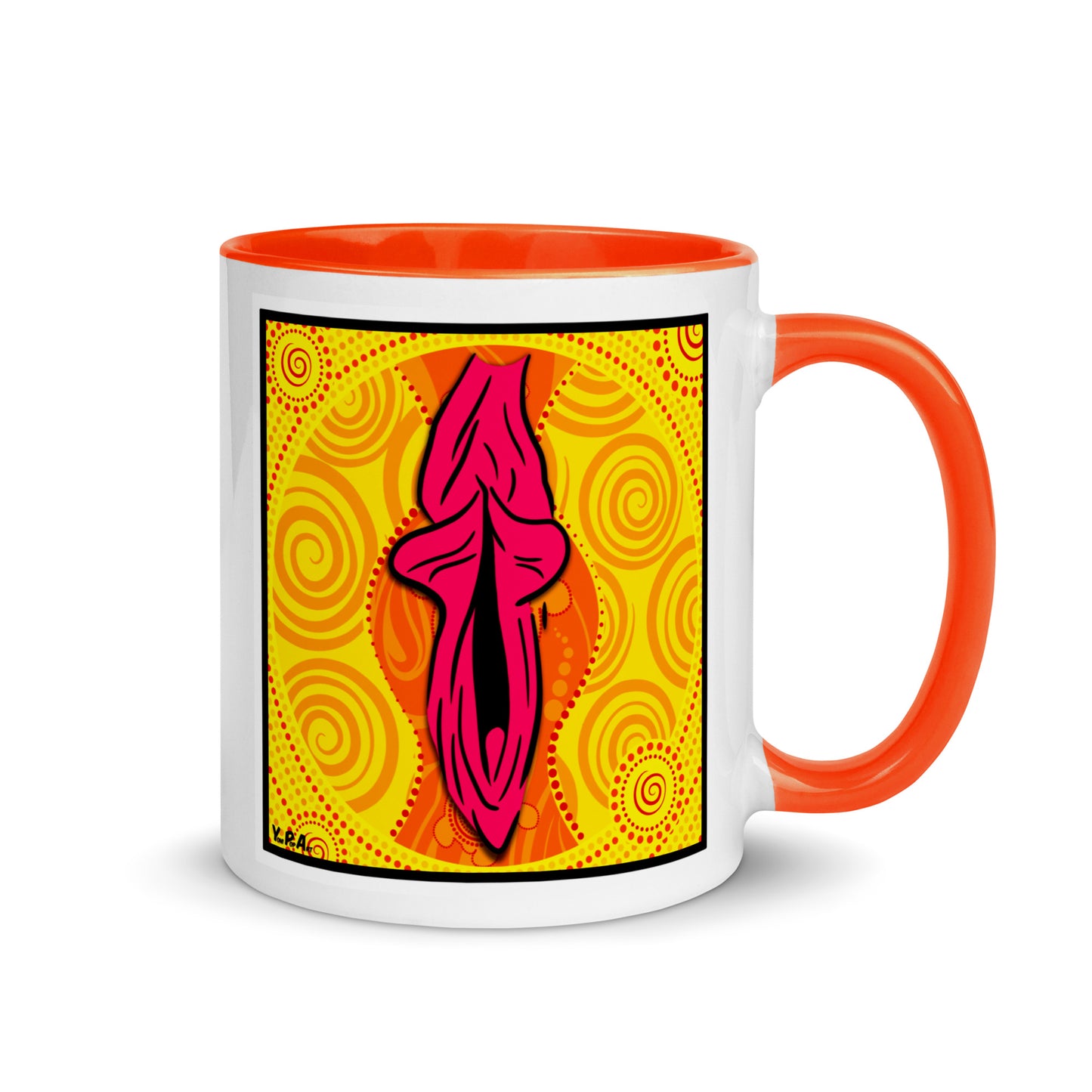 Tasse YoniPopArt "swirling yoni on yellow" mit farbiger Innenseite