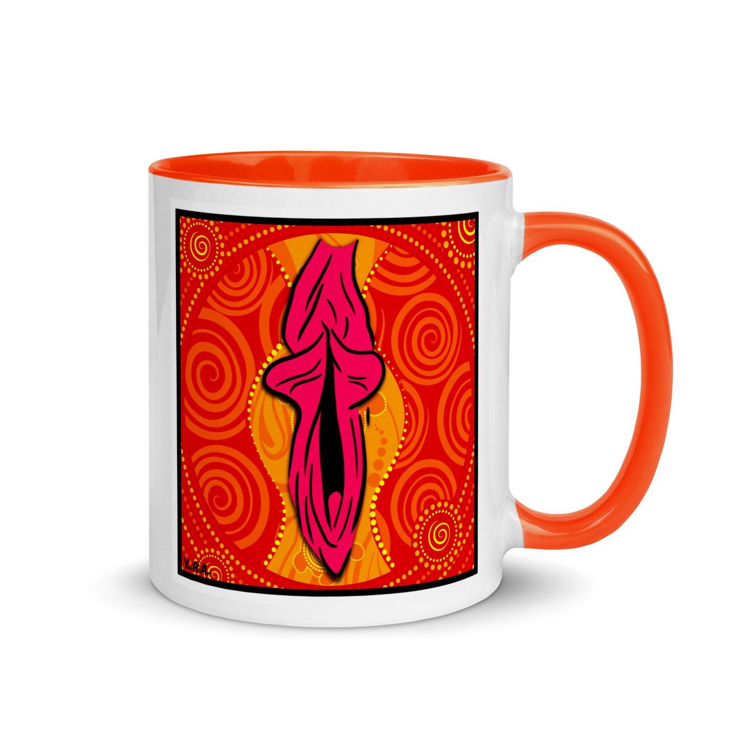 Tasse YoniPopArt "swirling yoni on red" mit farbiger Innenseite