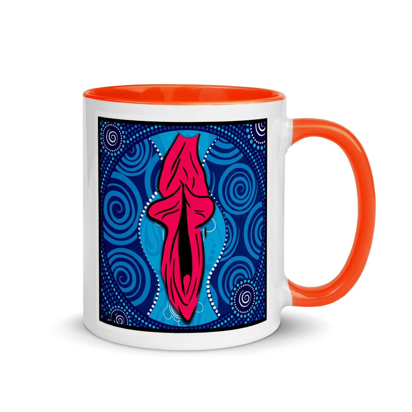 Tasse YoniPopArt "swirling yoni on blue" mit farbiger Innenseite