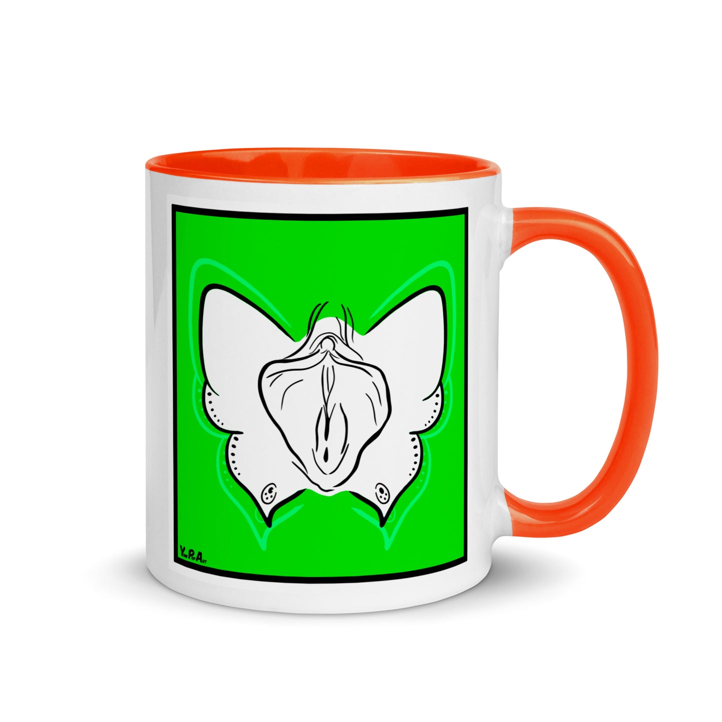 Tasse YoniPopArt "Butterfly on green" mit farbiger Innenseite