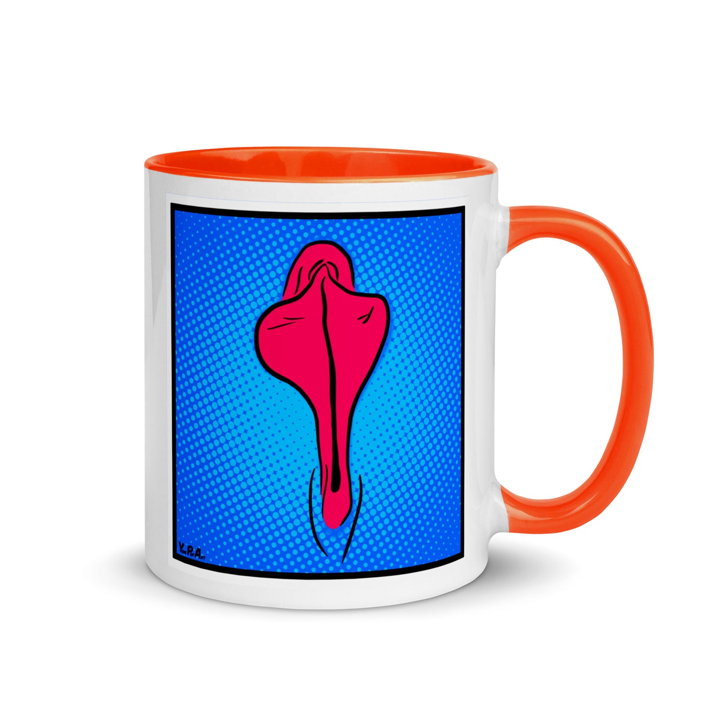 Tasse YoniPopArt "Pink flaps on blue points" mit farbiger Innenseite