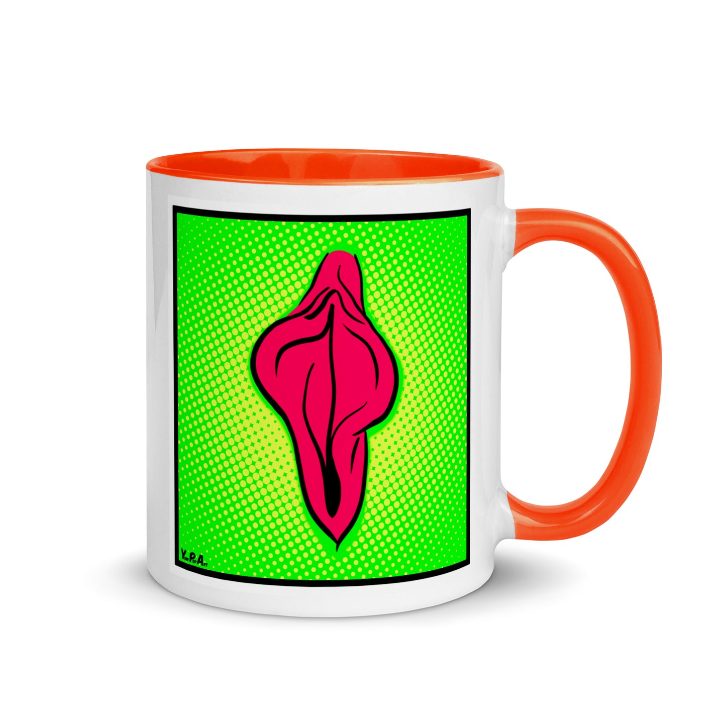 Tasse YoniPopArt "pink flaps on green points 2" mit farbiger Innenseite