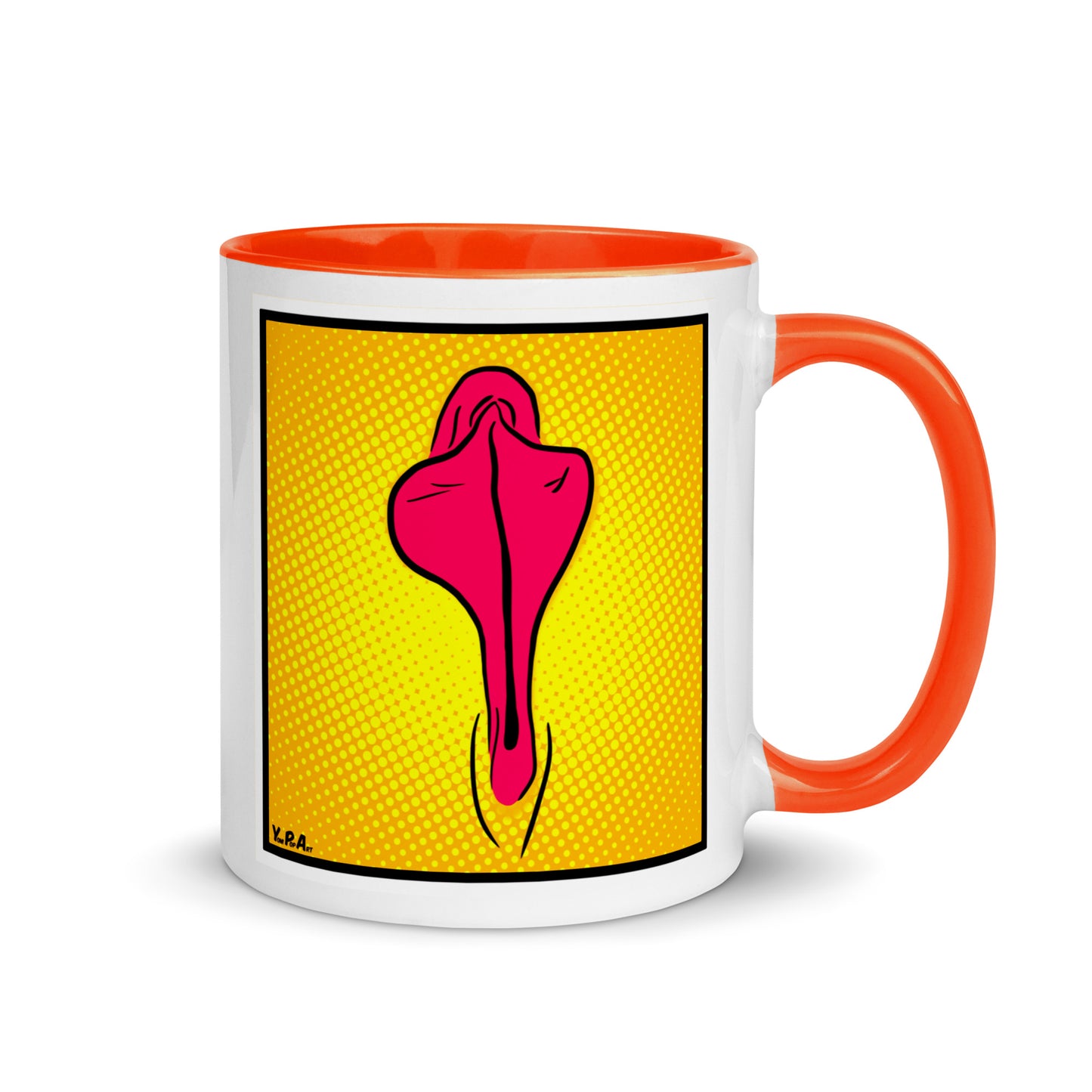 Tasse YoniPopArt "pink flaps on yellow points" mit farbiger Innenseite