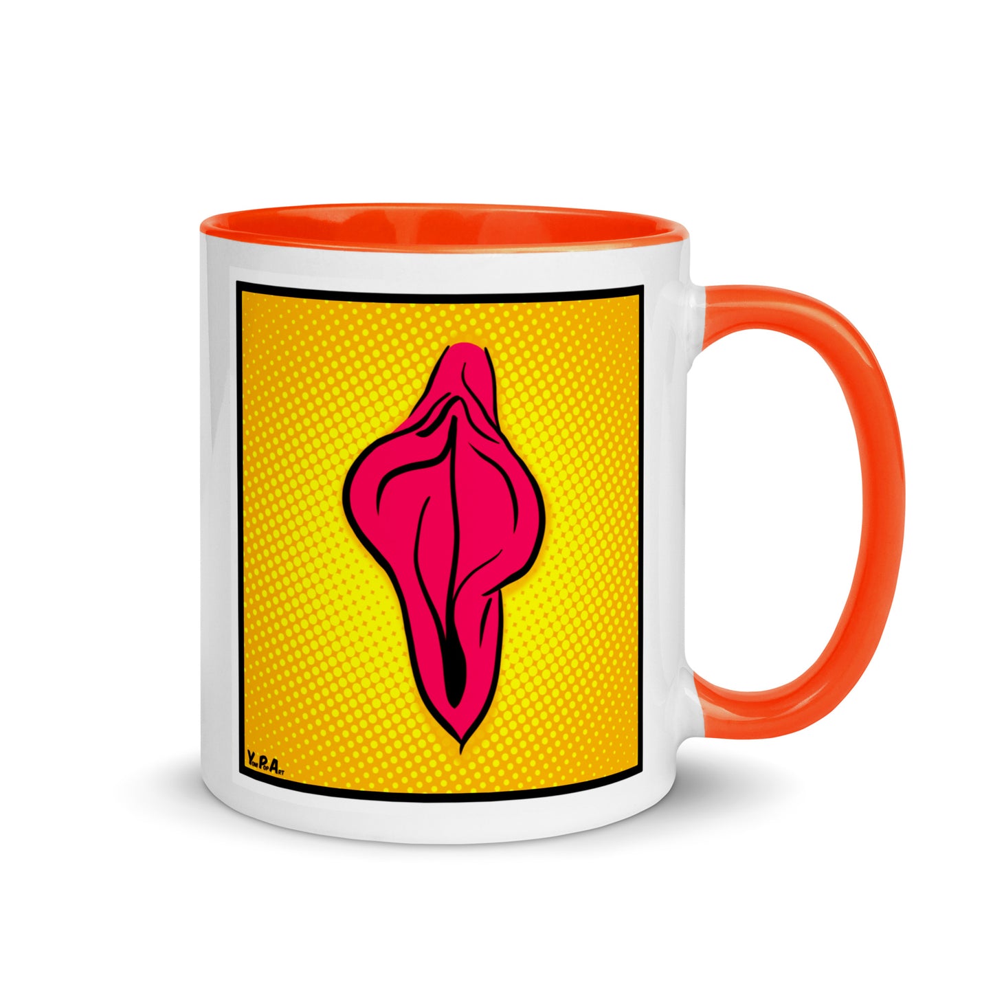 Tasse YoniPopArt "pink flaps on yellow 2" mit farbiger Innenseite