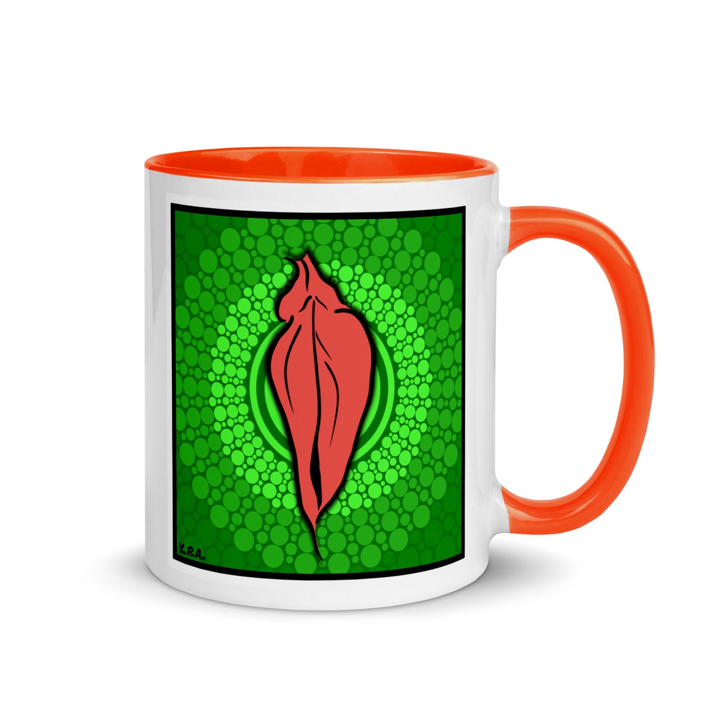 Tasse YoniPopArt "pink flaps on green points" mit farbiger Innenseite