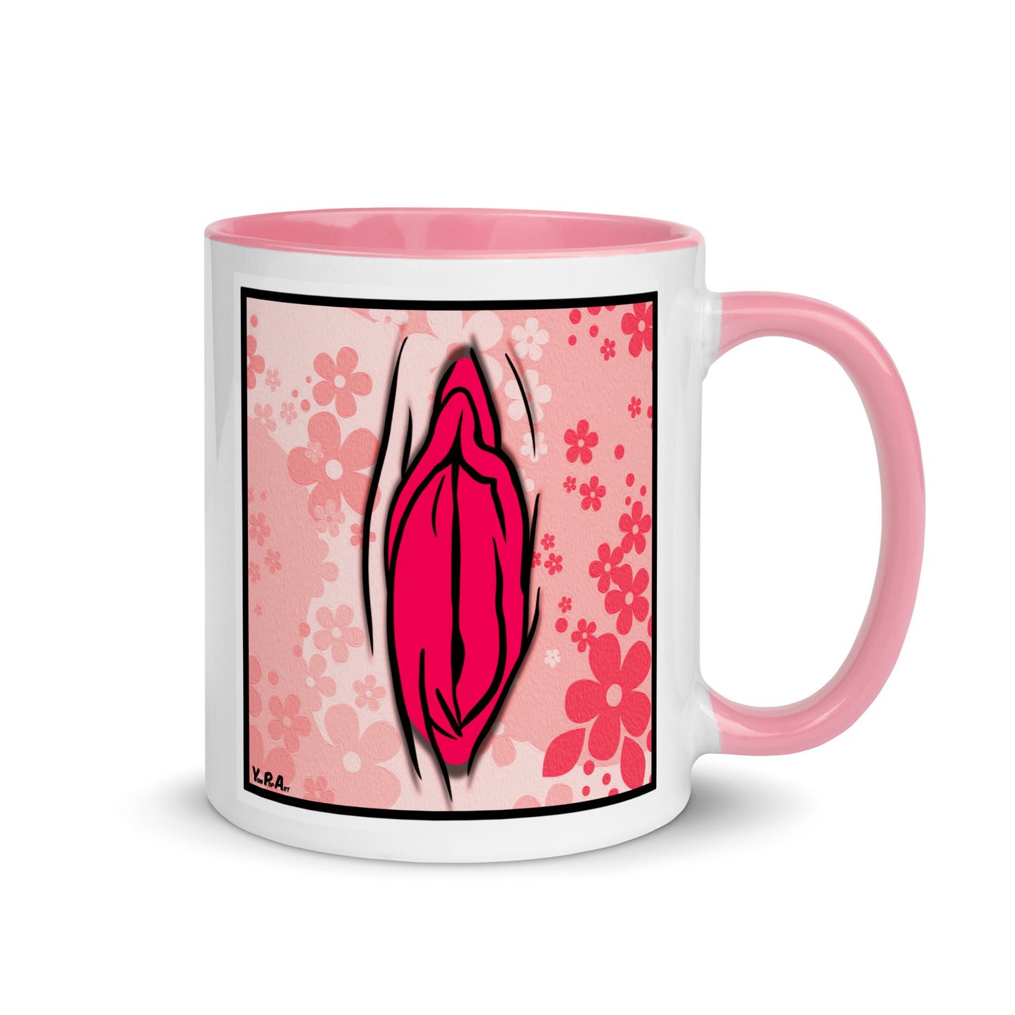 Tasse YoniPopArt "#4 on light red flowers" mit farbiger Innenseite