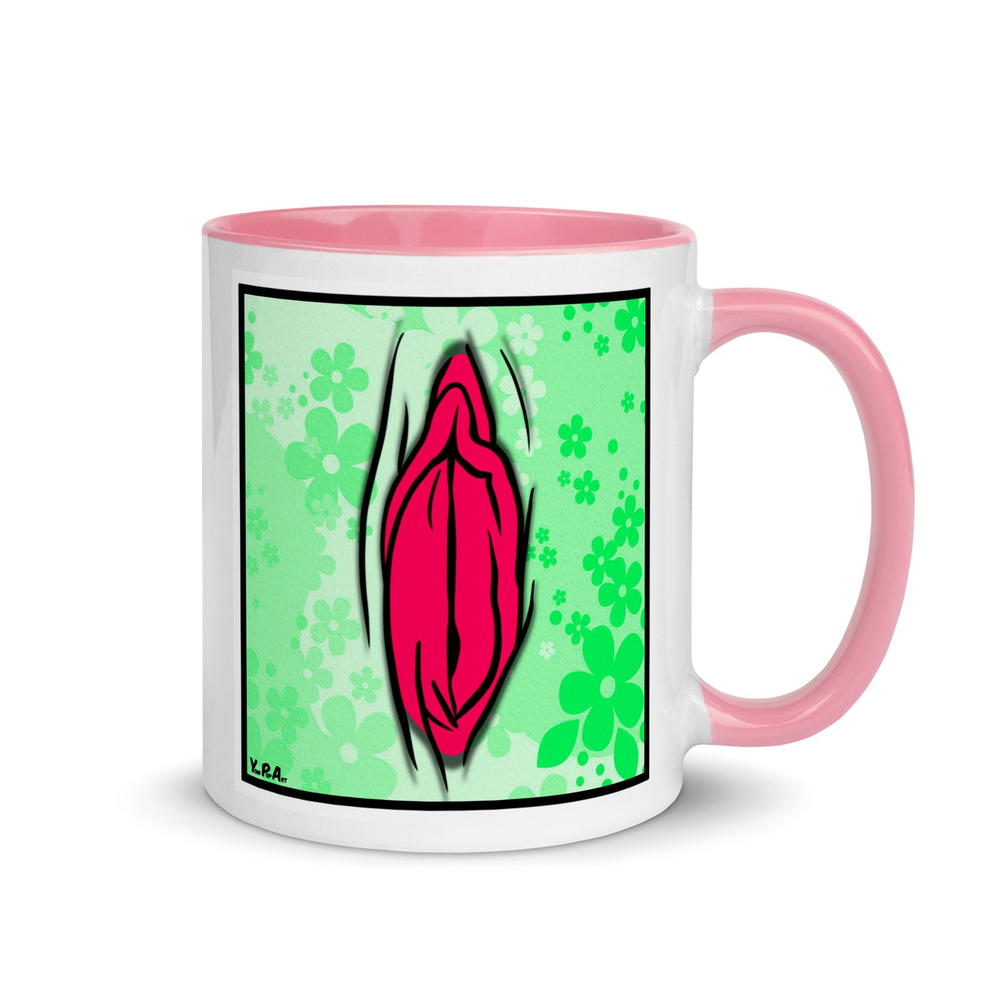 Tasse YoniPopArt "#4 on light green flowers" mit farbiger Innenseite