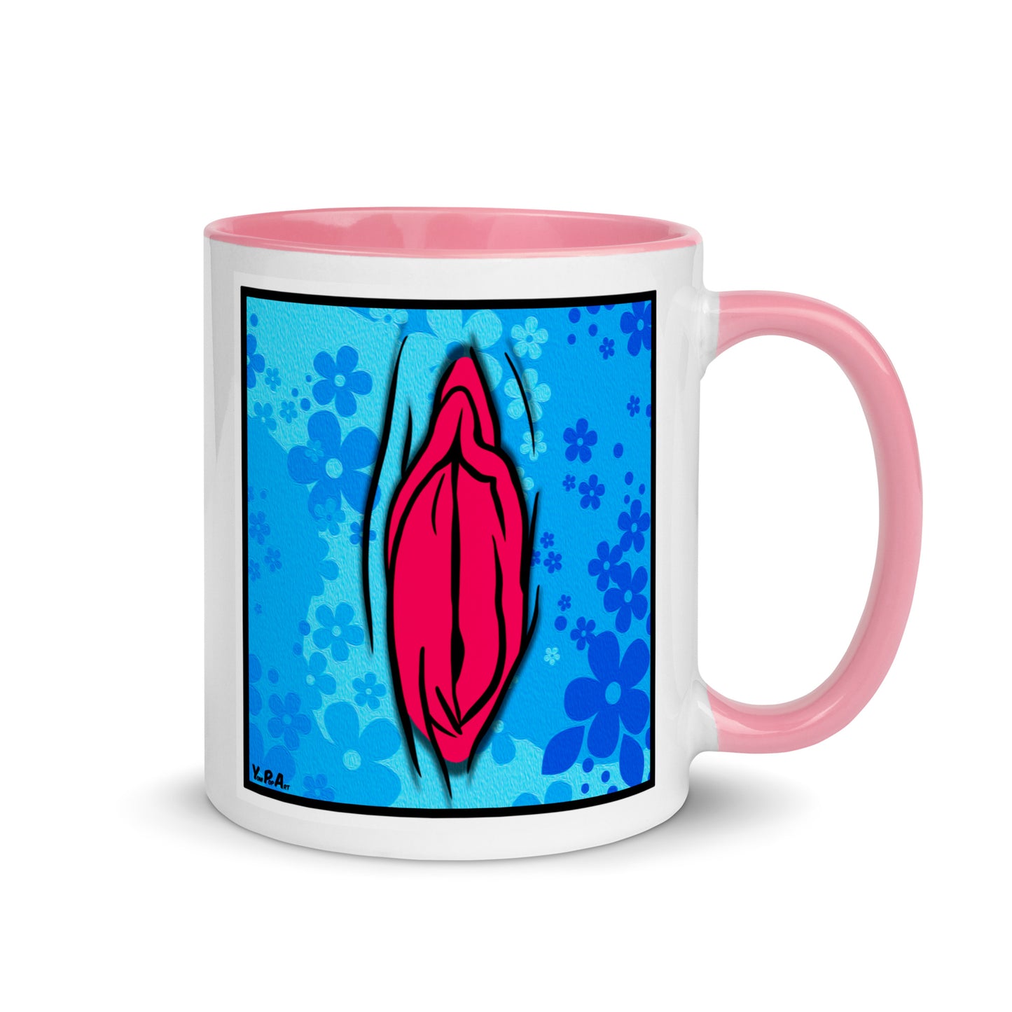 Tasse YoniPopArt "#4 on light blue flowers" mit farbiger Innenseite