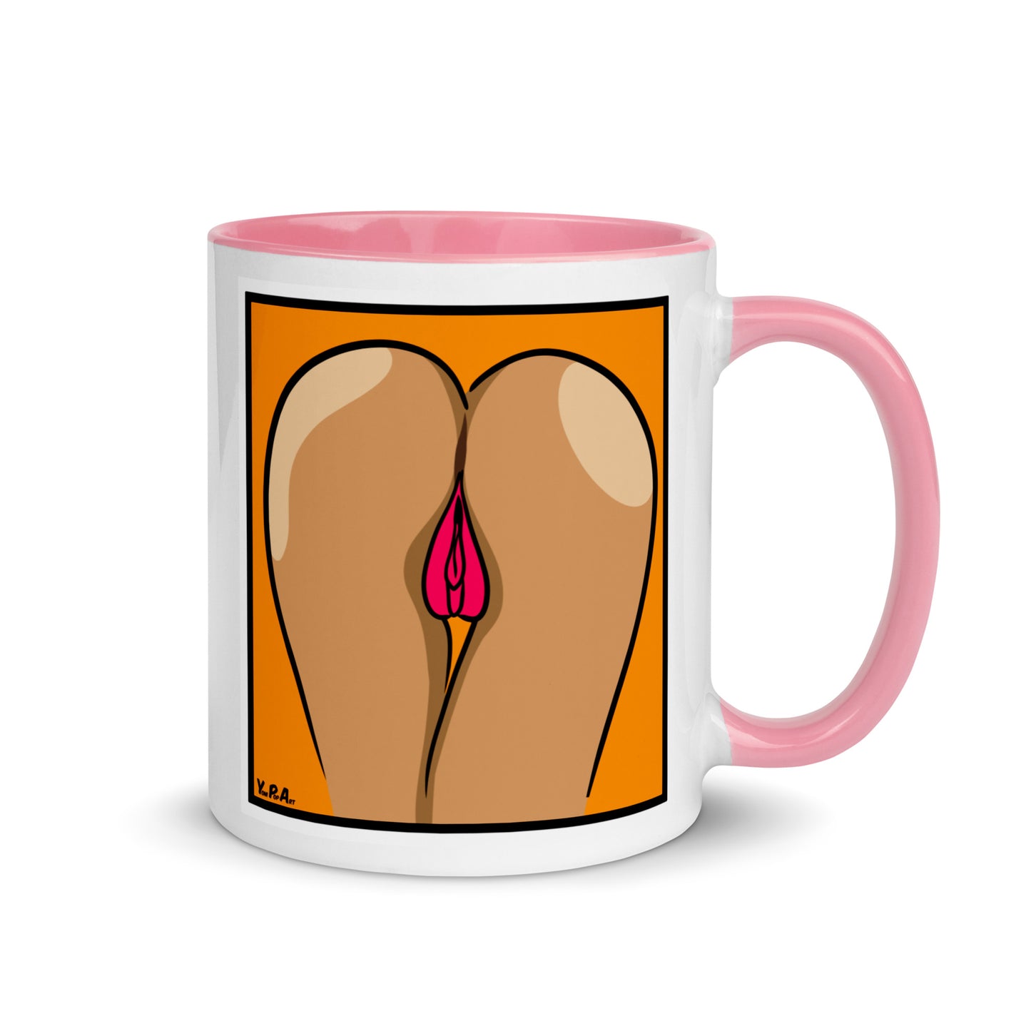 Tasse YoniPopArt "two lips backside on orange" mit farbiger Innenseite