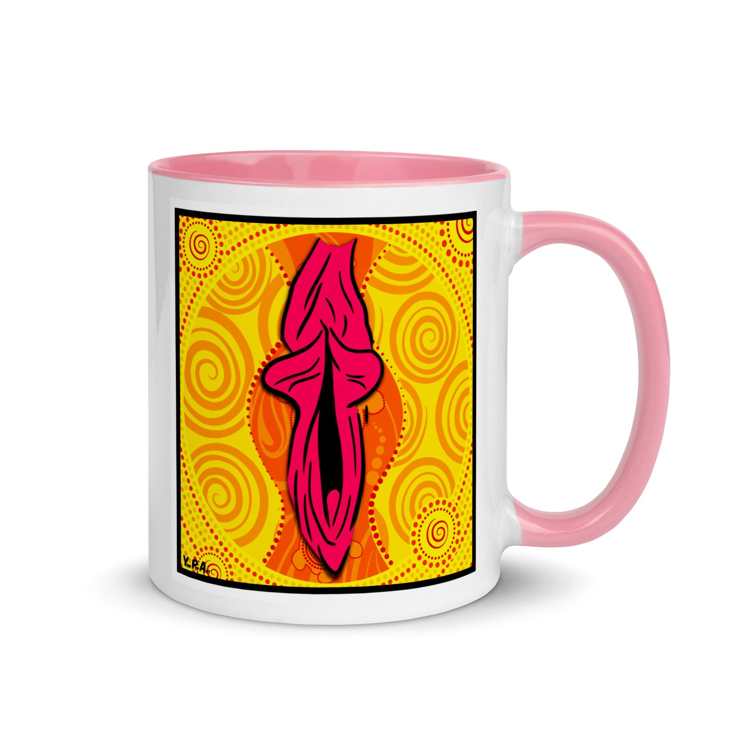 Tasse YoniPopArt "swirling yoni on yellow" mit farbiger Innenseite