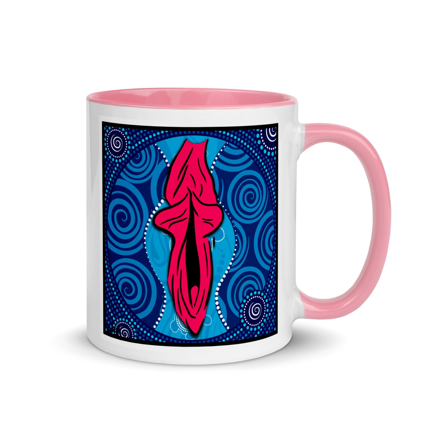 Tasse YoniPopArt "swirling yoni on blue" mit farbiger Innenseite