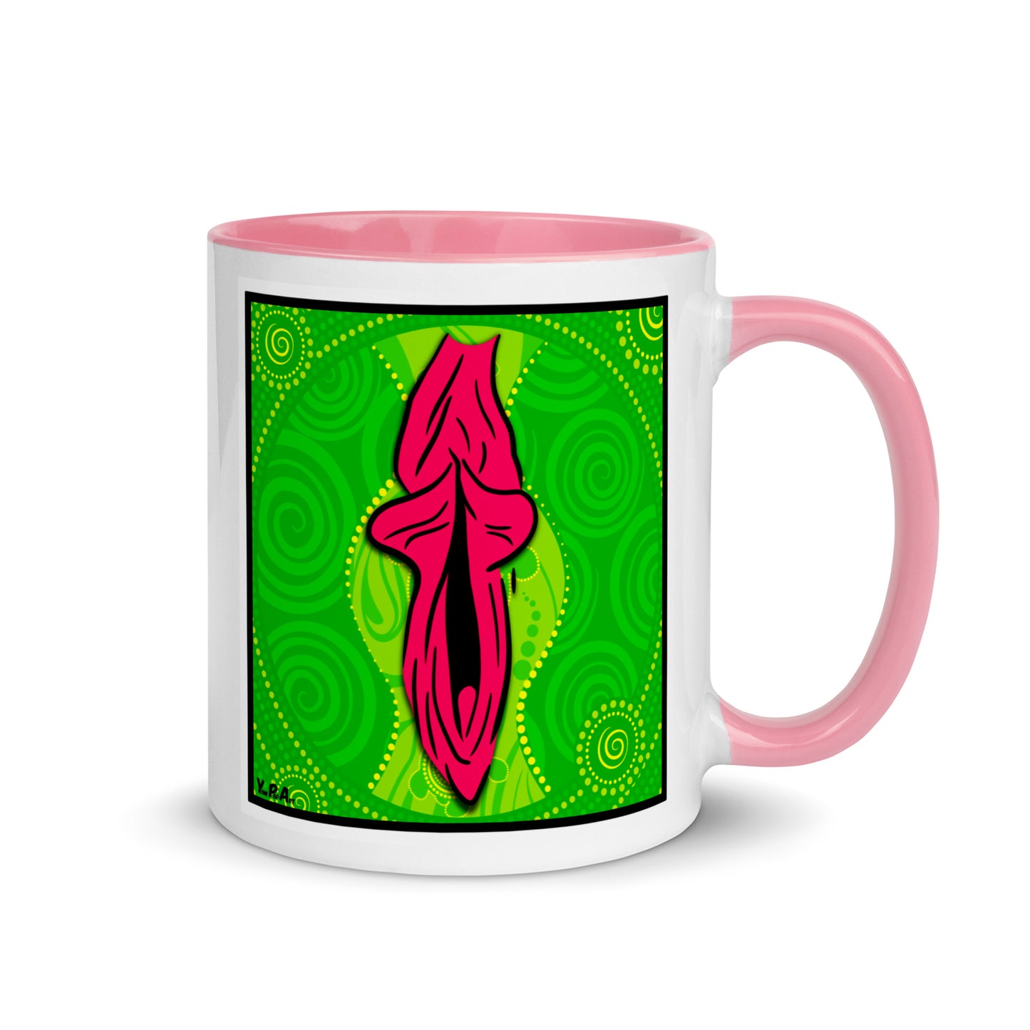 Tasse YoniPopArt "swirling yoni on green" mit farbiger Innenseite
