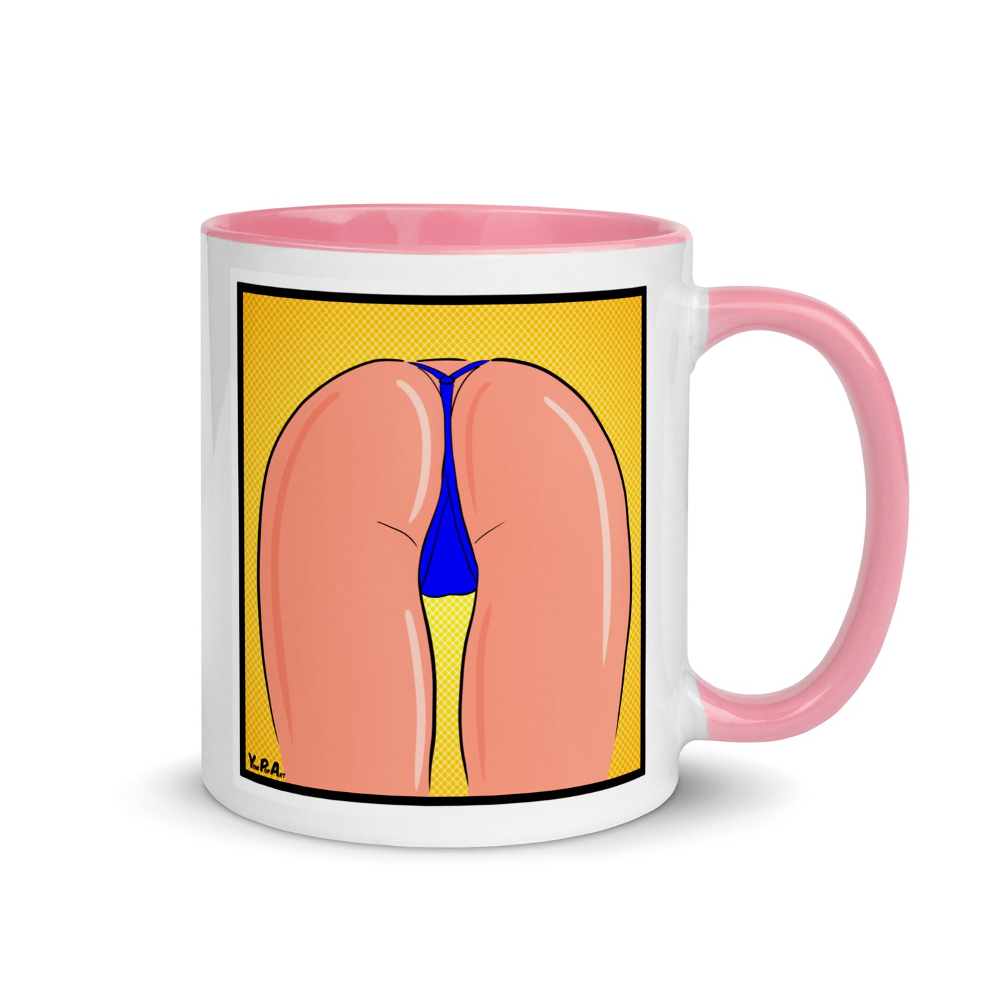 Tasse YoniPopArt "strip off blue" mit farbiger Innenseite