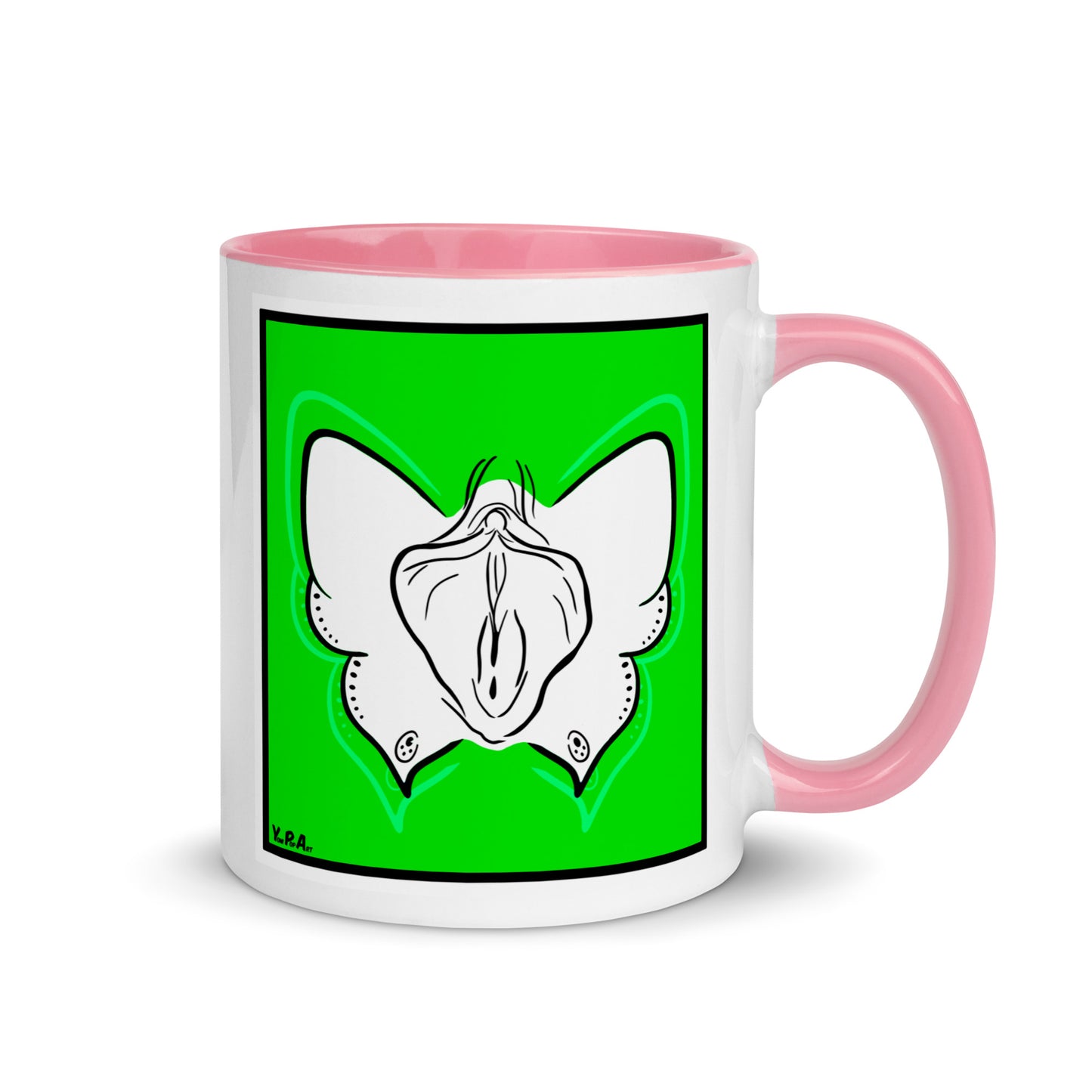 Tasse YoniPopArt "Butterfly on green" mit farbiger Innenseite