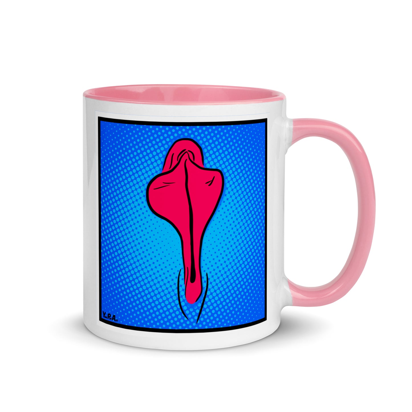 Tasse YoniPopArt "Pink flaps on blue points" mit farbiger Innenseite