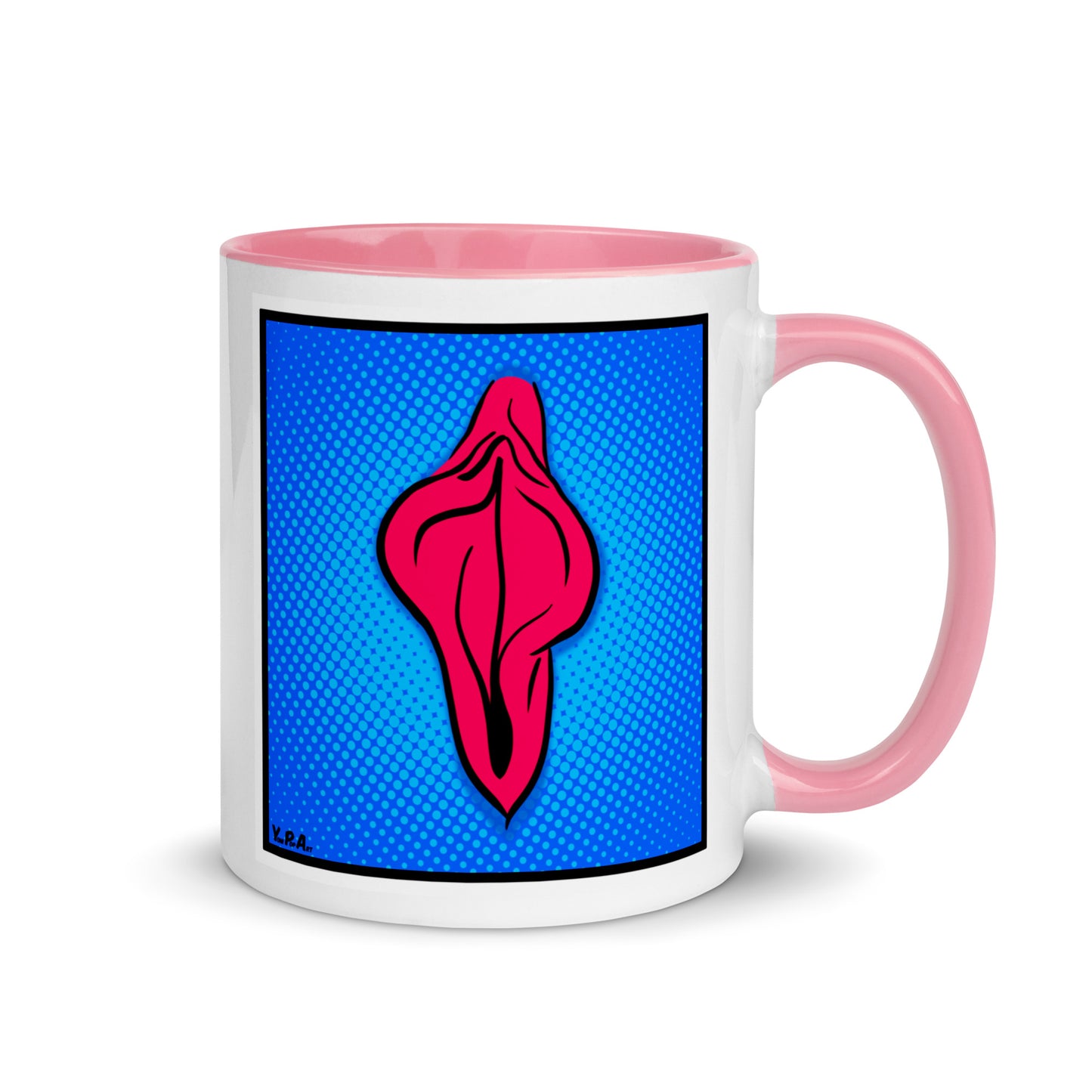 Tasse YoniPopArt "pink flaps on blue points 2" mit farbiger Innenseite