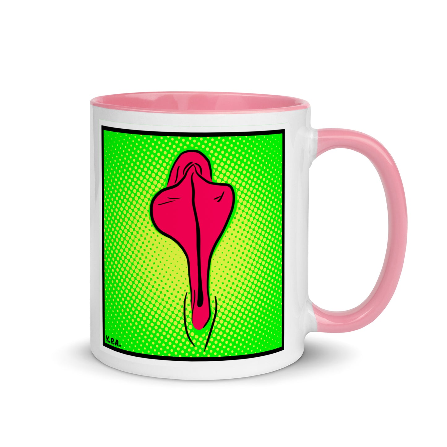 Tasse YoniPopArt "pink flaps on greem points" mit farbiger Innenseite