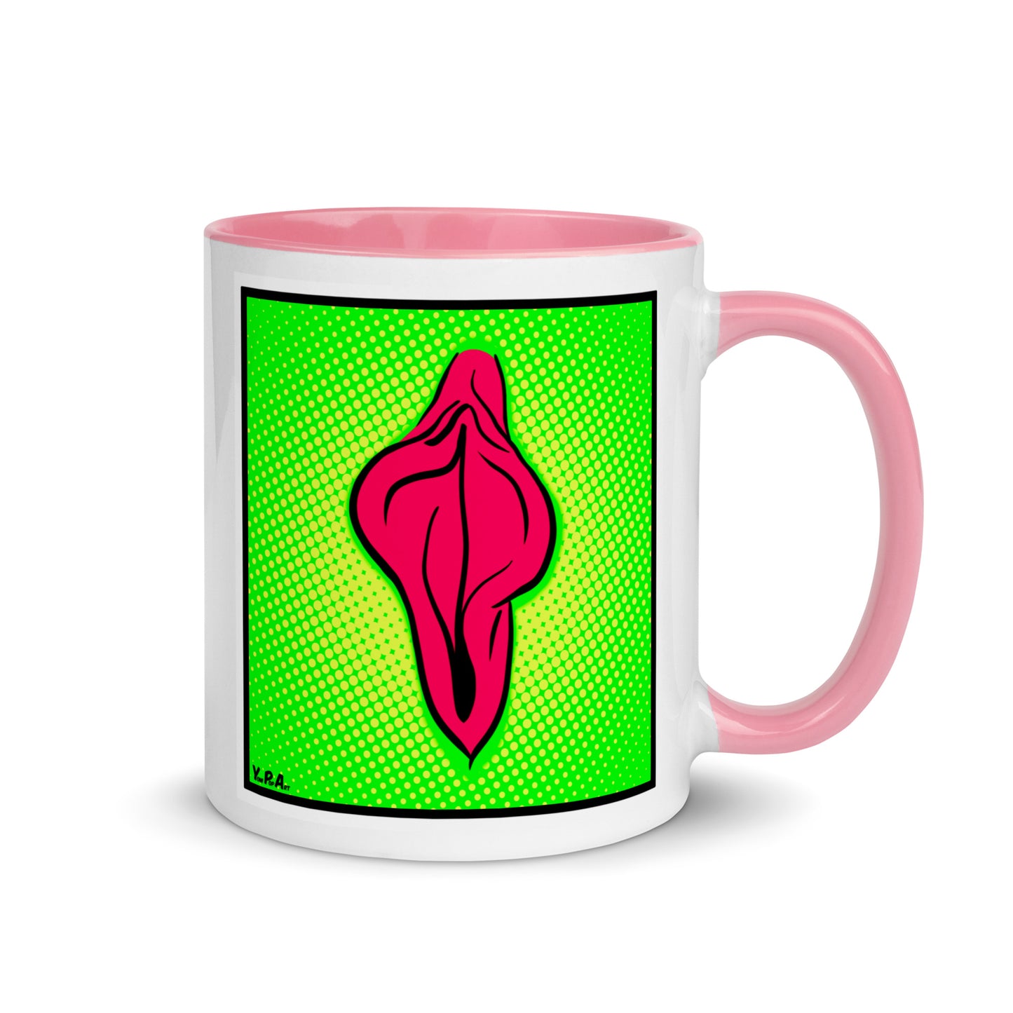 Tasse YoniPopArt "pink flaps on green points 2" mit farbiger Innenseite
