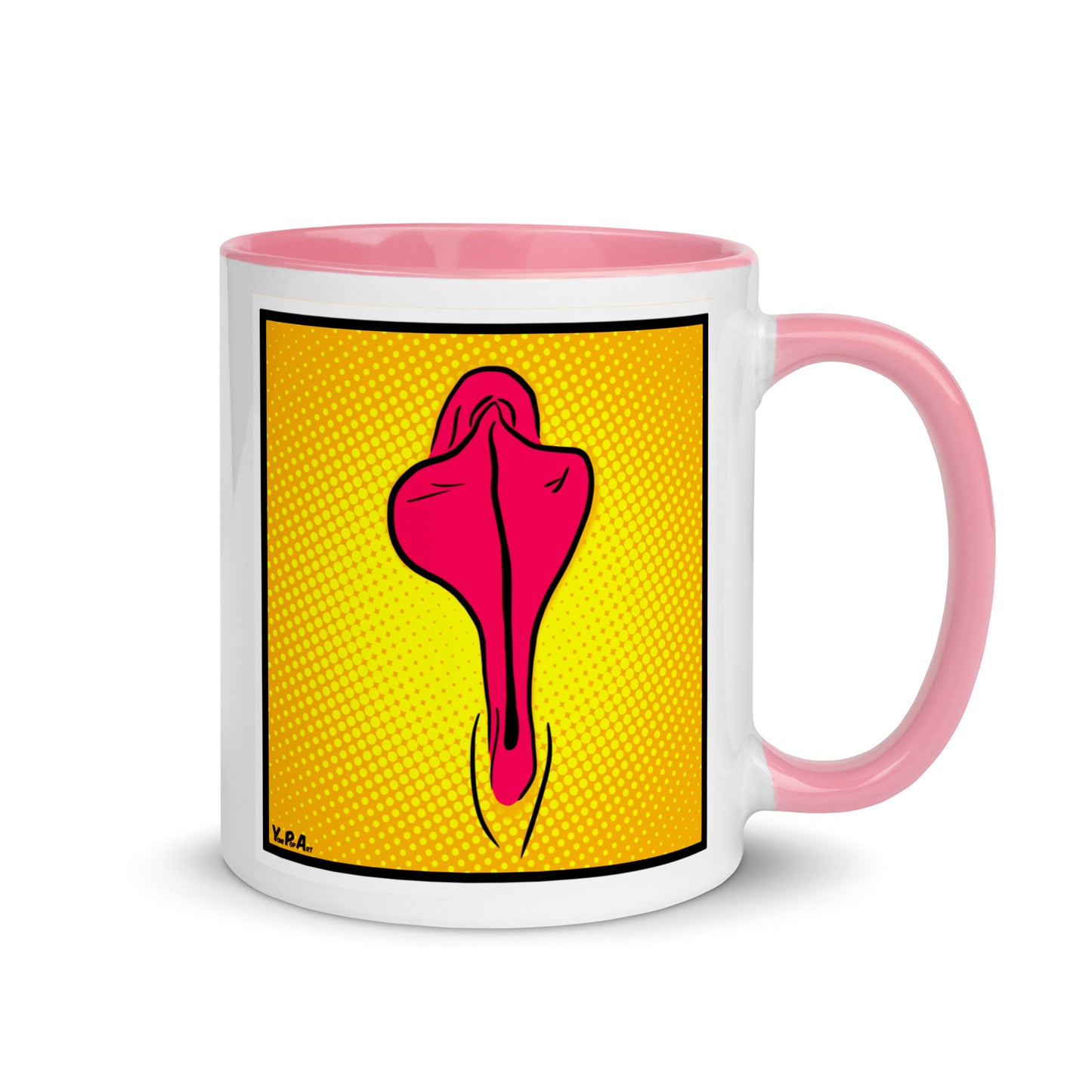 Tasse YoniPopArt "pink flaps on yellow points" mit farbiger Innenseite