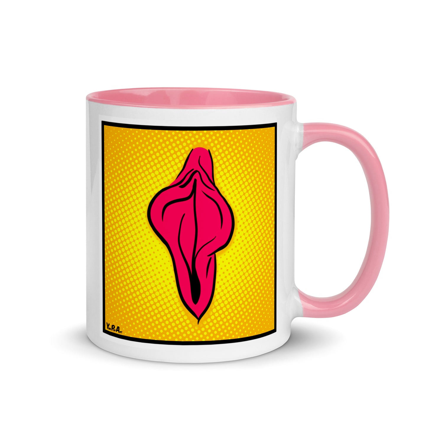 Tasse YoniPopArt "pink flaps on yellow 2" mit farbiger Innenseite