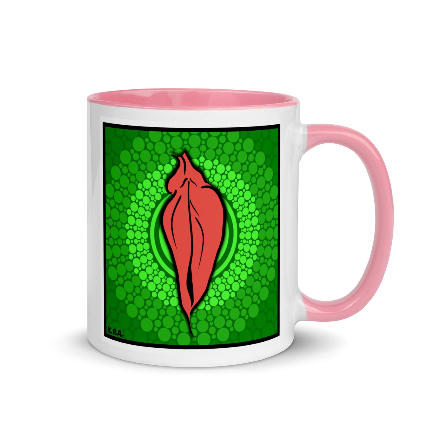 Tasse YoniPopArt "pink flaps on green points" mit farbiger Innenseite